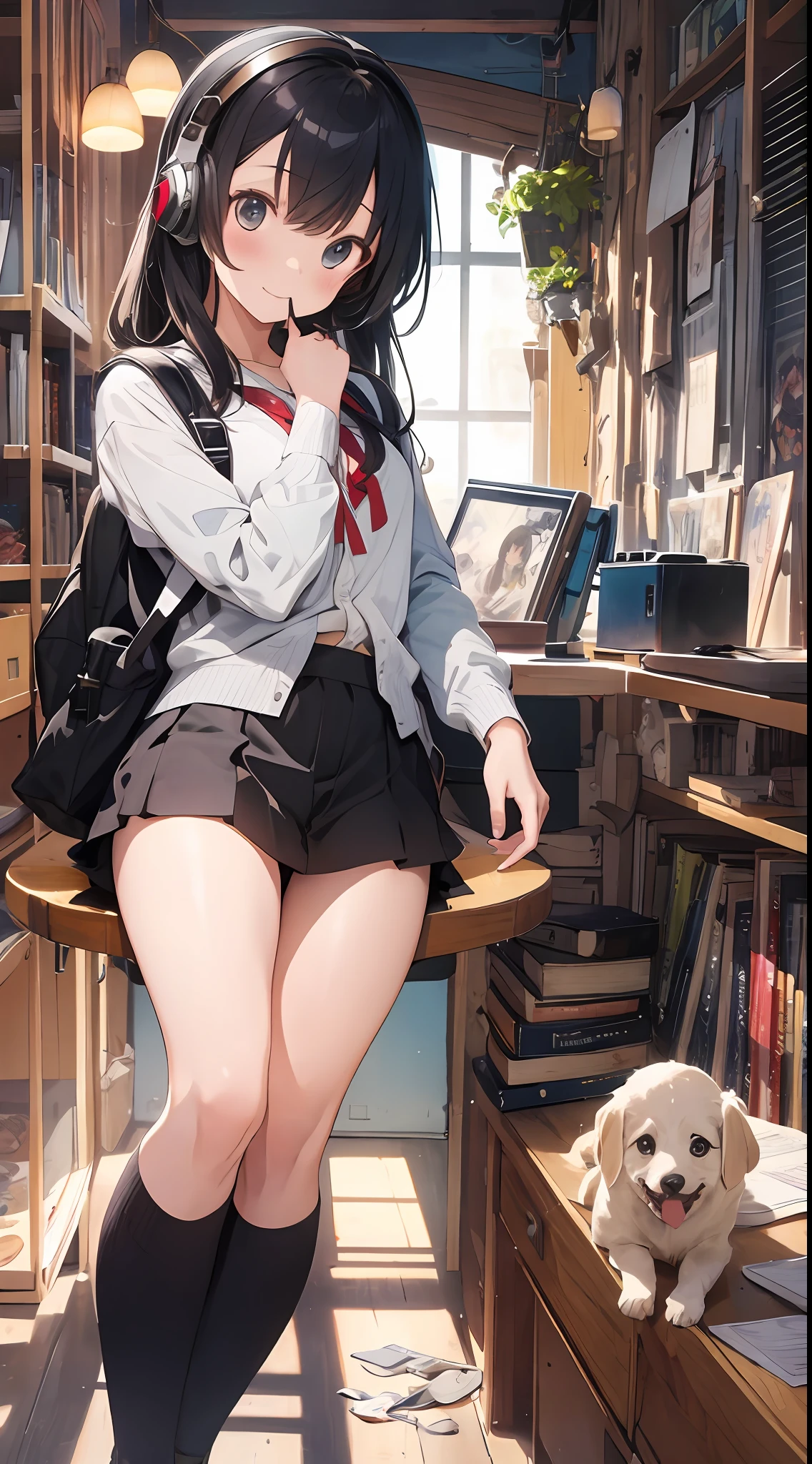 Anime girl sitting on a chair with a dog in front of her - SeaArt AI