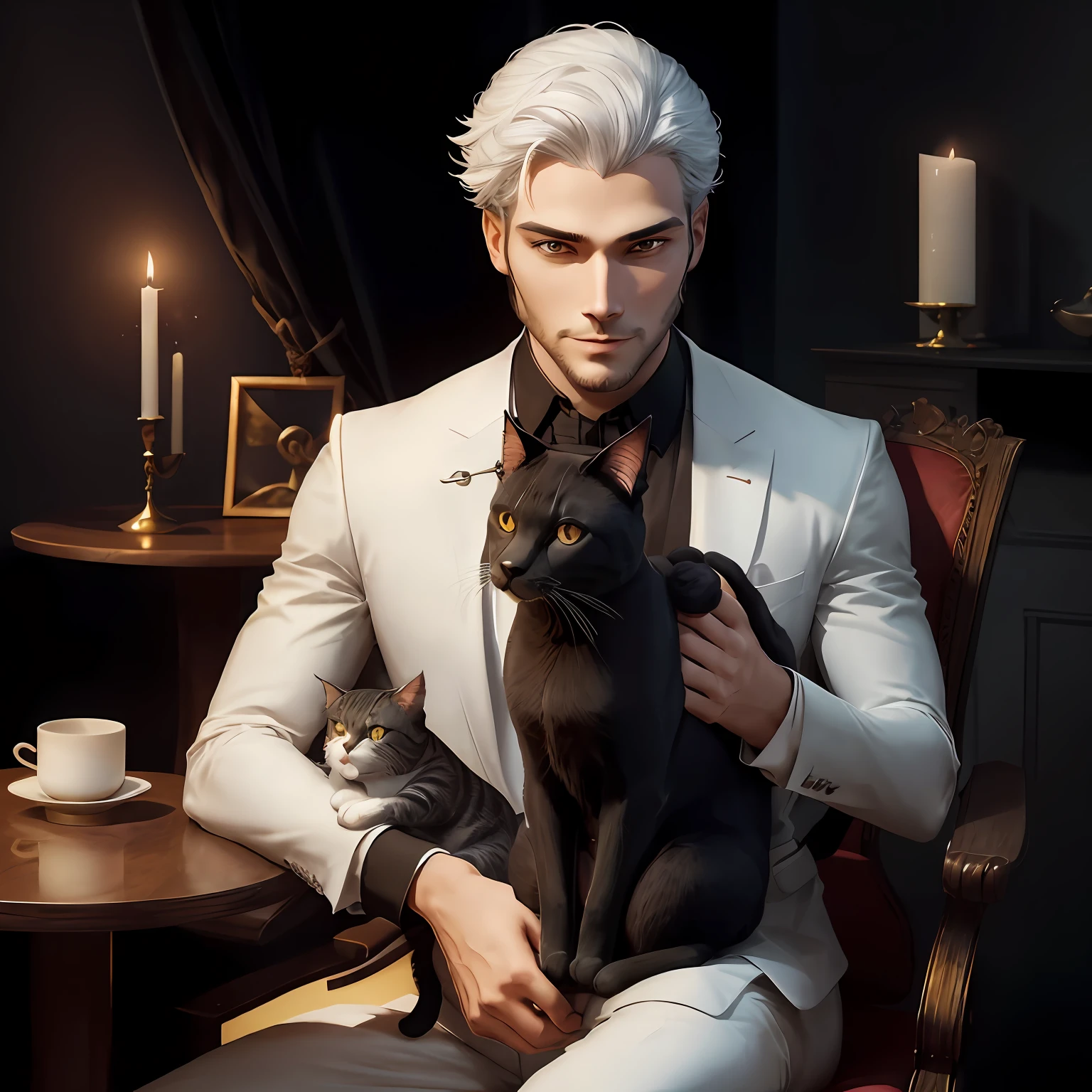 Facial features in men, Three-dimensional Euclid, suit, sittingonchair, Candle, Small square table, The background is a blurry black, elegant, Erlang legs, The body is slightly inclined, Silver-white hair, SENSE OF CINEMA, hyper HD, a slight smile on the corners of the mouth, Side view, , Deep eyes,Holding a cat in one hand,The other hand strokes the back of the cat Modern style Deer head on the back wall by the window