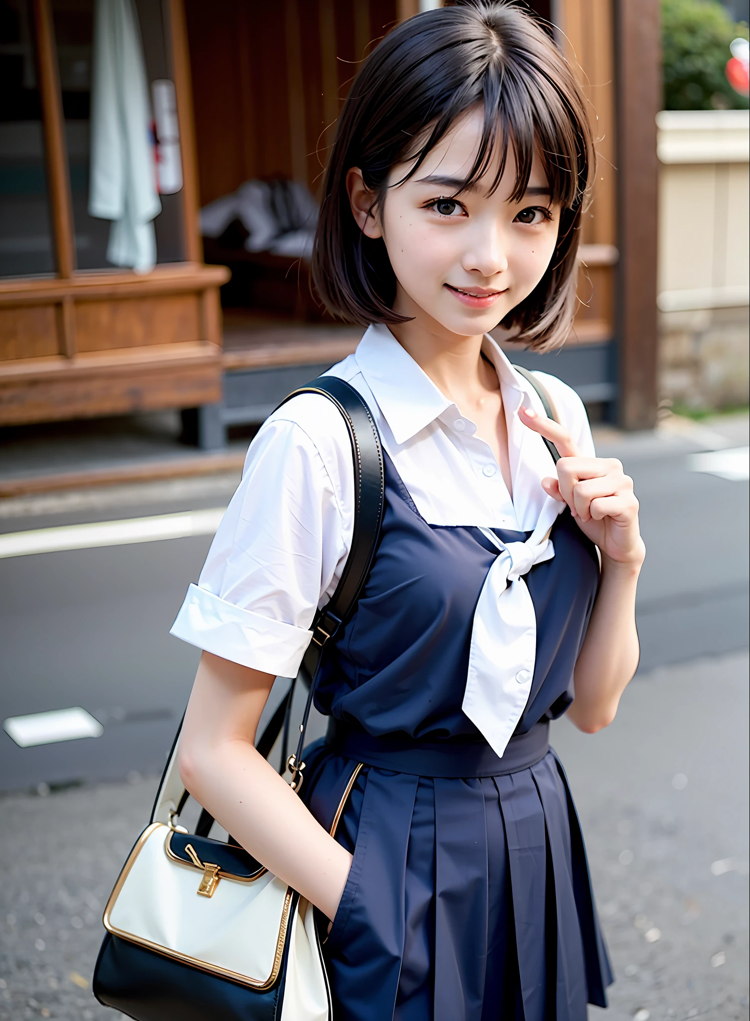 8K、Top image quality、masterpiece、夏天、Japan high school girl meets friends on her way to school。Summer Uniforms、shortsleeves、Knee-length skirt、(She winked:1.5)、a smile