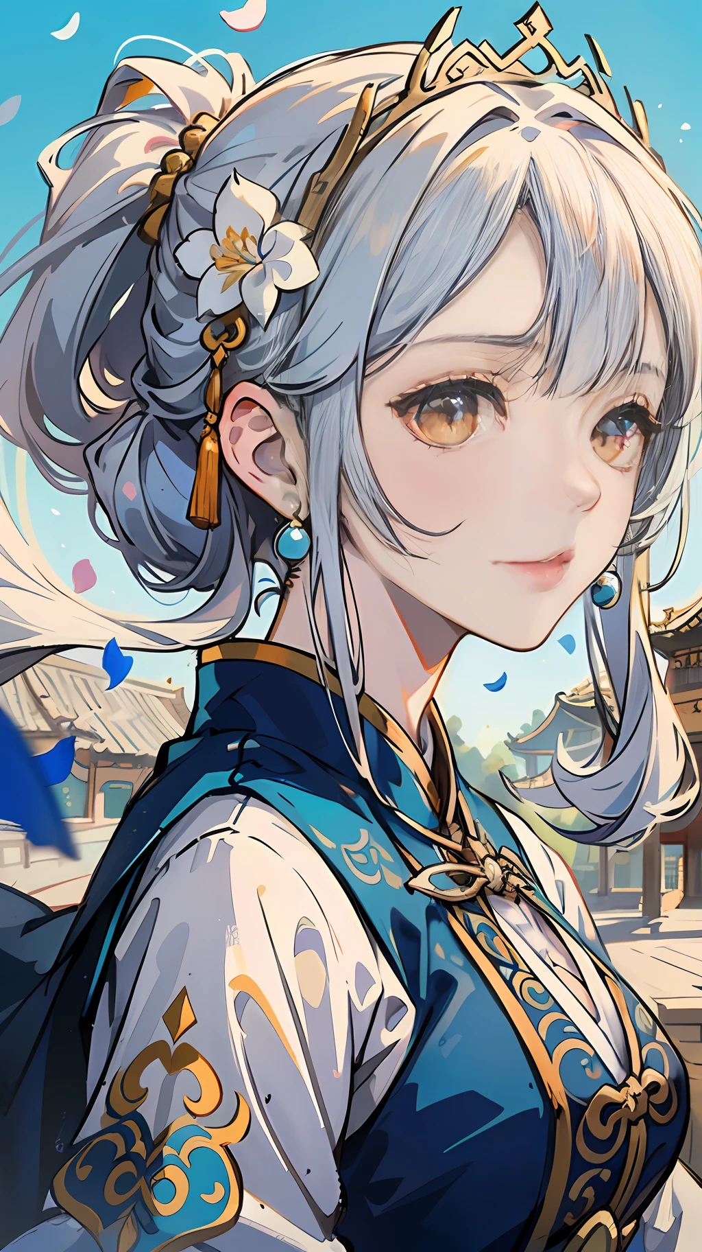 Mature girl, orange eyes, blue-white hair color, floating hair, delicate and flexible eyes, intricate damask hanfu, gorgeous accessories, wearing pearl earrings, fov, f/1.8, masterpiece, ancient Chinese architecture, blue sky, flower petals flying, front portrait shot, Chang'e, side lighting, sunlight on people, 8K