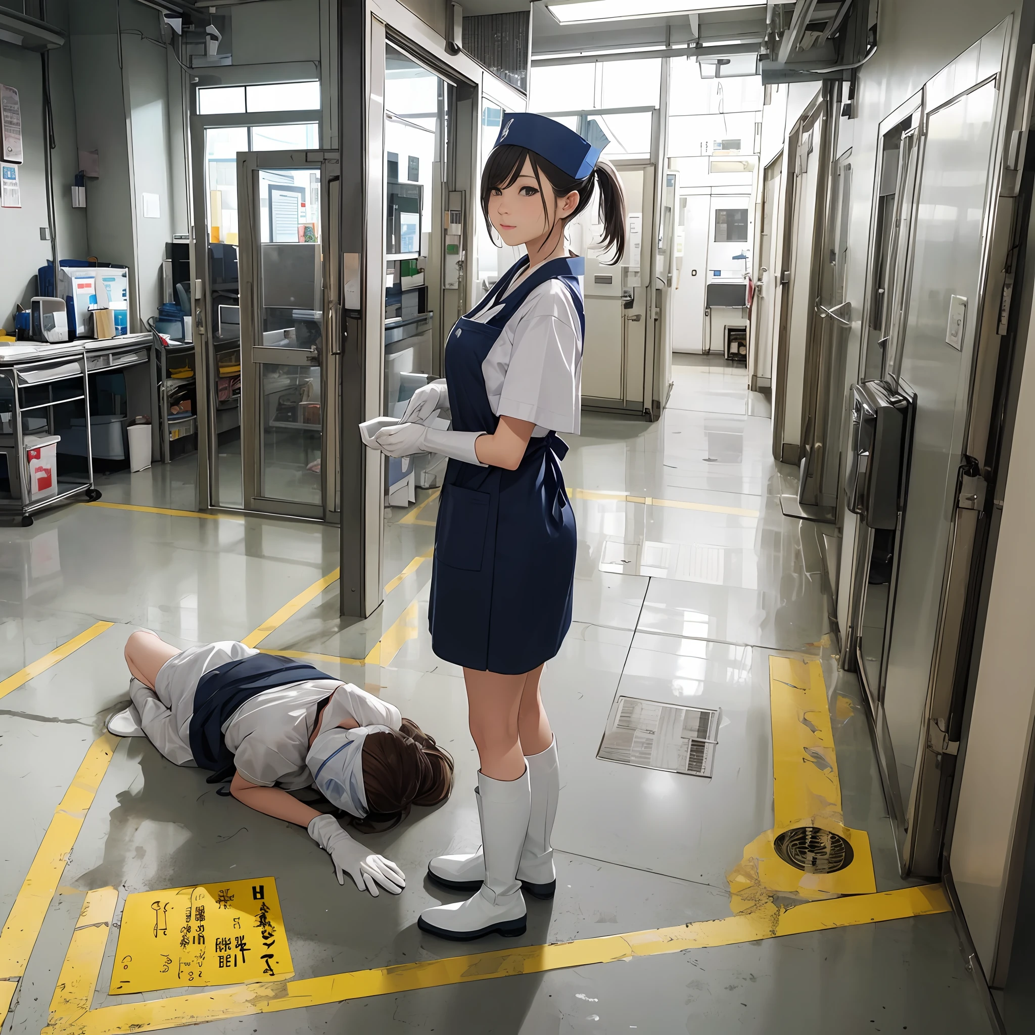 Beautiful Japan nurse、Nurse Cap、White rubber gloves、White rubber boots、Rubber Apron、hospitals、Linoleum floor、Stand and look down at us。Arrogant appearance