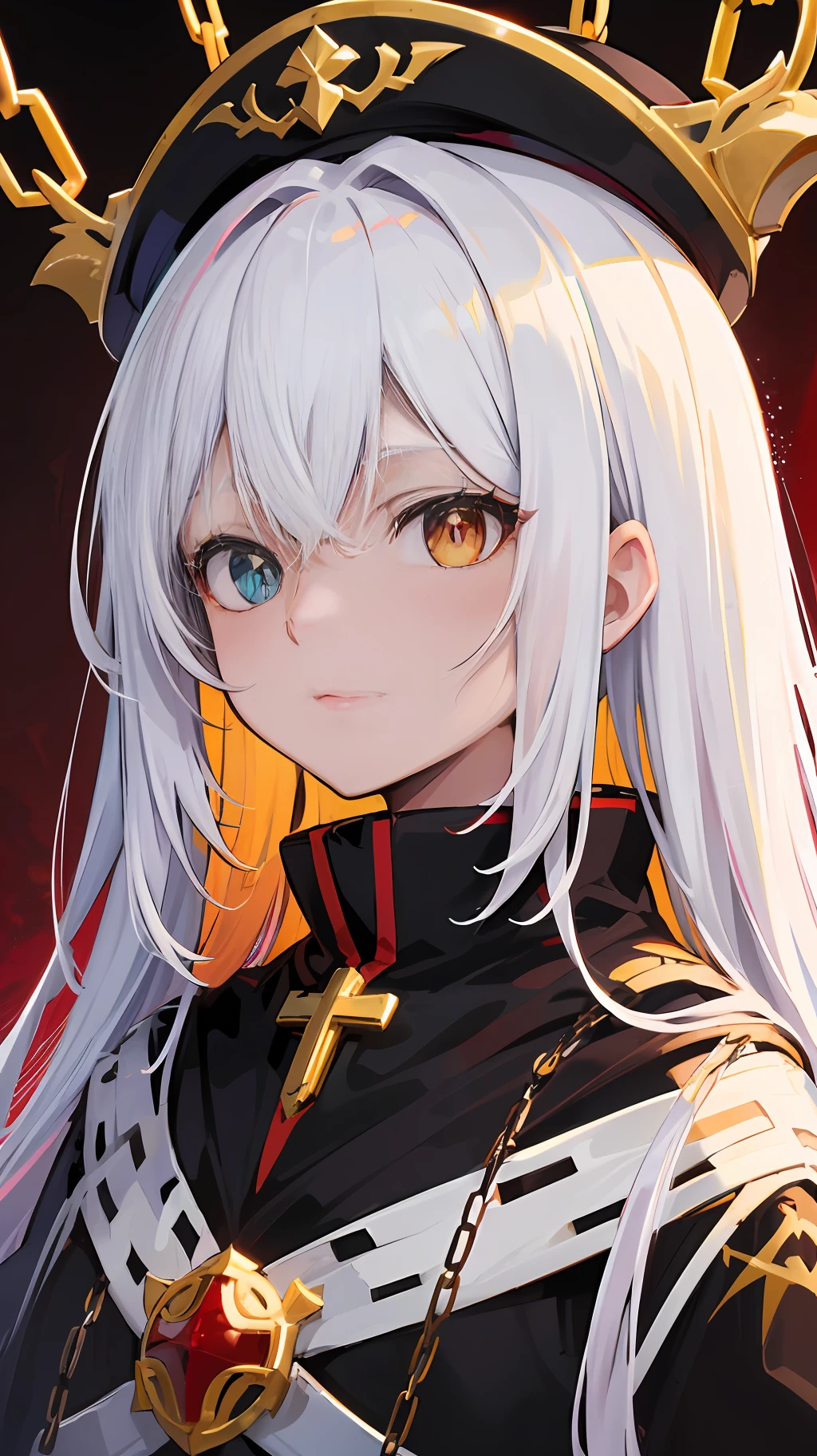 Long white hair, A red gradient at the end, The bangs are dyed red on both sides, head portrait, Yellow-red heterochromic pupils, Red and black robes, judge, Cross decoration, Chain decoration, Royal Sister, Expressionless, Anime style, Close-up, Masterpiece, Textured skin, Anatomically correct