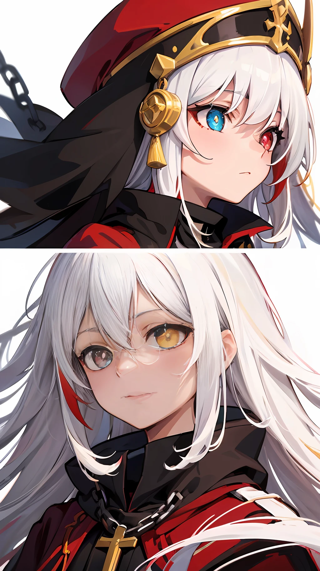 Long white hair, A red gradient at the end, The bangs are dyed red on both sides, head portrait, Yellow-red heterochromic pupils, Red and black robes, judge, Cross decoration, Chain decoration, Royal Sister, Expressionless, Anime style, Close-up, Masterpiece, Textured skin, Anatomically correct