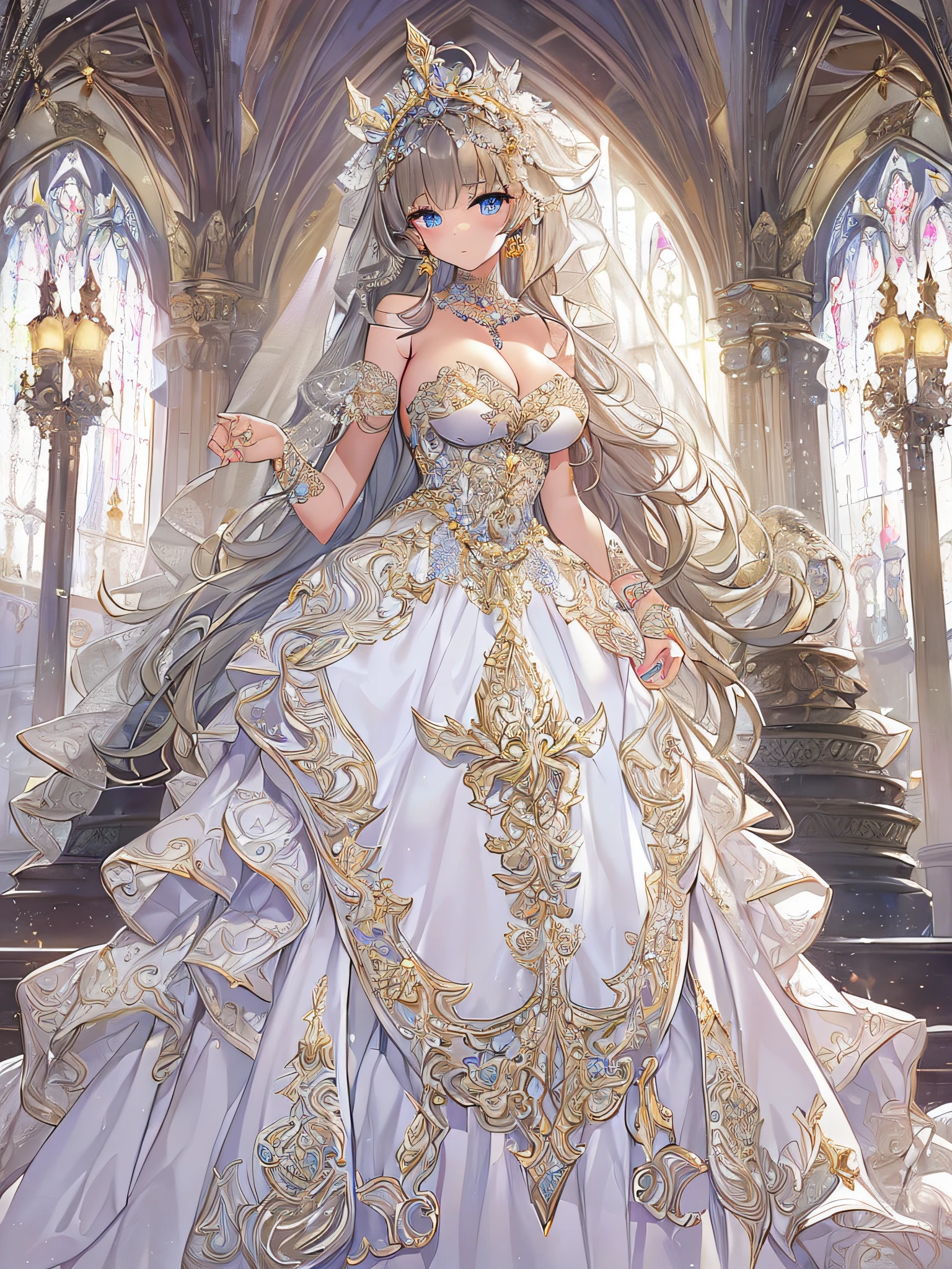 ((anime artstyle)),(Masterpiece),(Best Quality), (Super Detail),((Very Delicate and Beautiful)),Focus on character,Dynamic Angle,Looking at viewer,((Solo)),standing,((full body)),((one princess in gorgeousfull BlingBling wedding dress with voluminous skirt)),((BlingBling)),detailed face and eyes,jewel-like eyes,((Very Long voluminous Hair)),gorgeous embroidery and lace,((gorgeous corsage)),See-through,(Gorgeous BlingBling jewelry ornaments),luxury hair ornament,BlingBling luxury tiara with jewels,ornate ruffles,((gigantic breasts,Long breasts)),indoor,church wedding,((full body)),hoop skirt,crinoline,very long gorgeousfull wedding veil,(((jeweled gorgeous embroidery BlingBling wedding dress)))