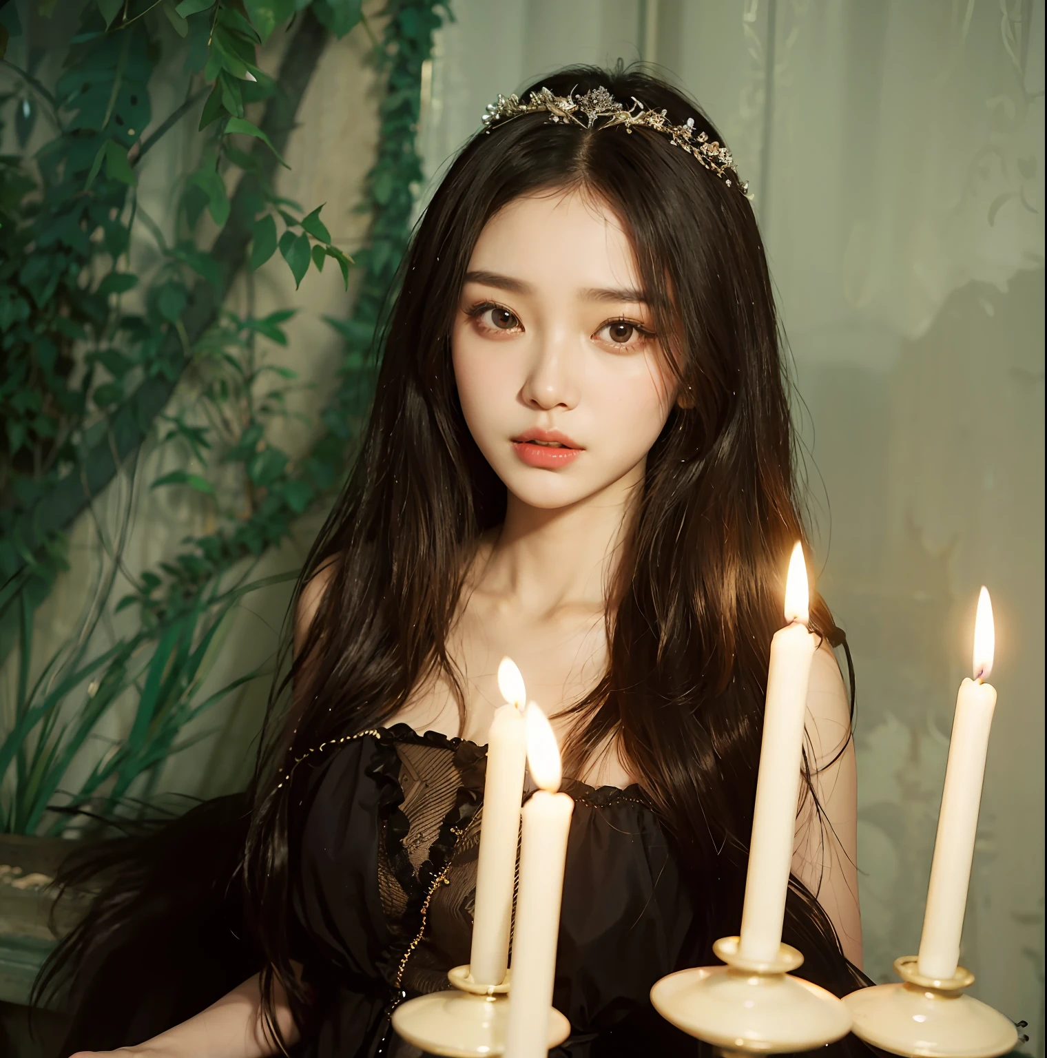 An Araki woman in a black dress holds a tray with candles, classical witch, Elegant Gothic princess, lovely dark autumn princess, Played by Liu Lee Ji Eun, shaxi, Li Zixin, Portrait of a young witch, beautiful vampire queen, with long hair and piercing eyes,