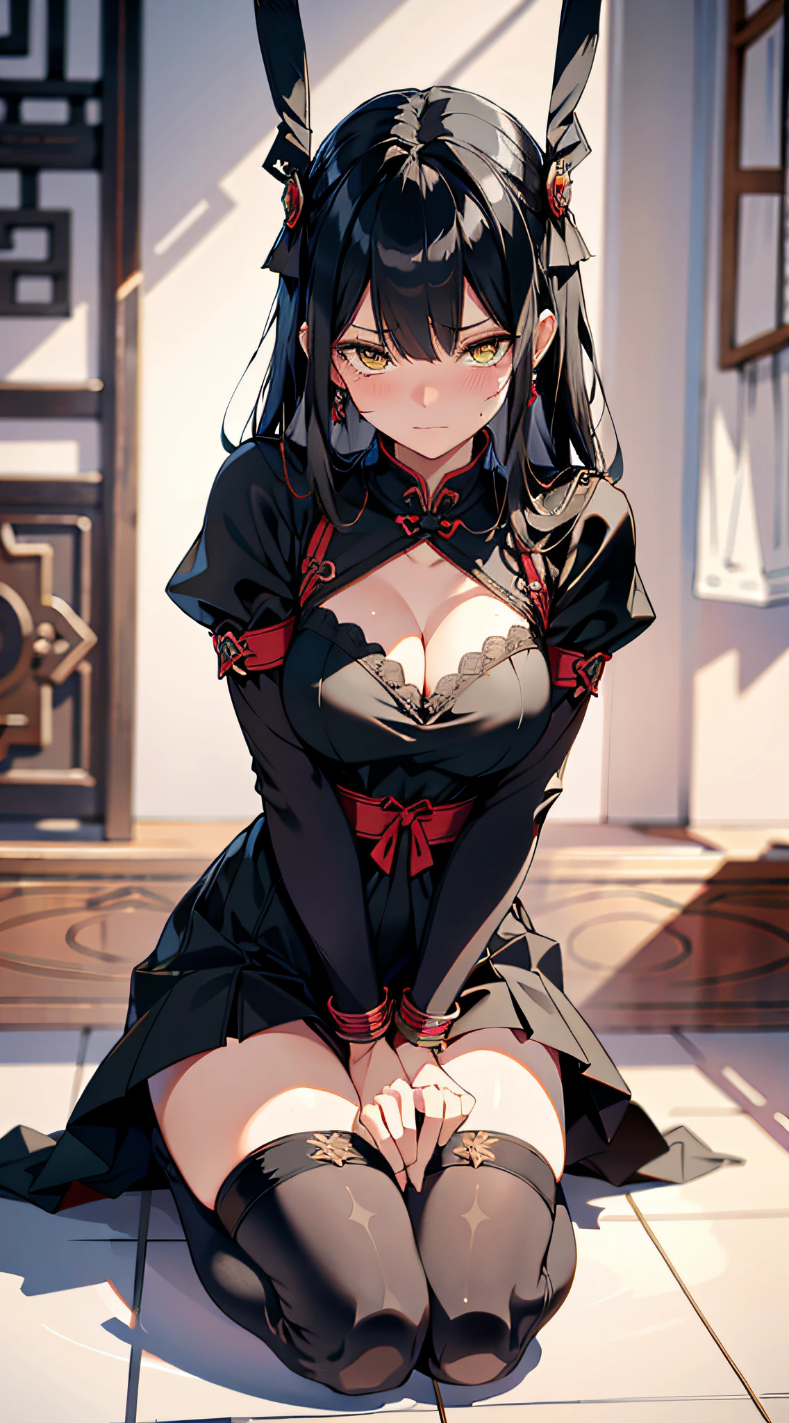 absurd res, high res, (masterpiece:1.4), ultra-detailed, 1girl, from front, hanging from collar, leach, Chinese dress, black dress, stockings, black hair, yellow eyes, yellow eyes, submissive, bondage, tied, handcuffs, tied legs, spread legs, forced submission, from front, stripped panty, humiliation, bound arms, arms tied, bdsm, blushing, restrained, crying, kneeling seiza, pee, hanging breasts, aroused expression, penetrated expression