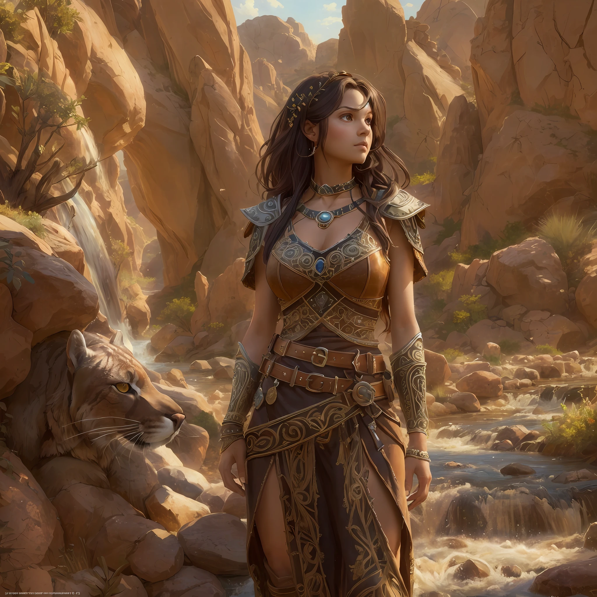 high details, best quality, 8k, [ultra detailed], masterpiece, best quality, (extremely detailed), dynamic angle, ultra wide shot, RAW, photorealistic, fantasy art, realistic art, a wide angle picture of a female human druid, knelling (1.5 intricate details, Masterpiece, best quality) talking to a cougar (1.6 intricate details, Masterpiece, best quality) in desert (1.5 intricate details, Masterpiece, best quality),  a female  wearing leather clothes (1.4 intricate details, Masterpiece, best quality), leather boots, thick hair, long hair, brown hair, tan skin intense brown eyes, desert background (intense details), a stream flowing in an oasis (1.4 intricate details, Masterpiece, best quality), sun light, dynamic light. dynamic angle, (1.4 intricate details, Masterpiece, best quality) 3D rendering, high details, best quality, highres, ultra wide angle