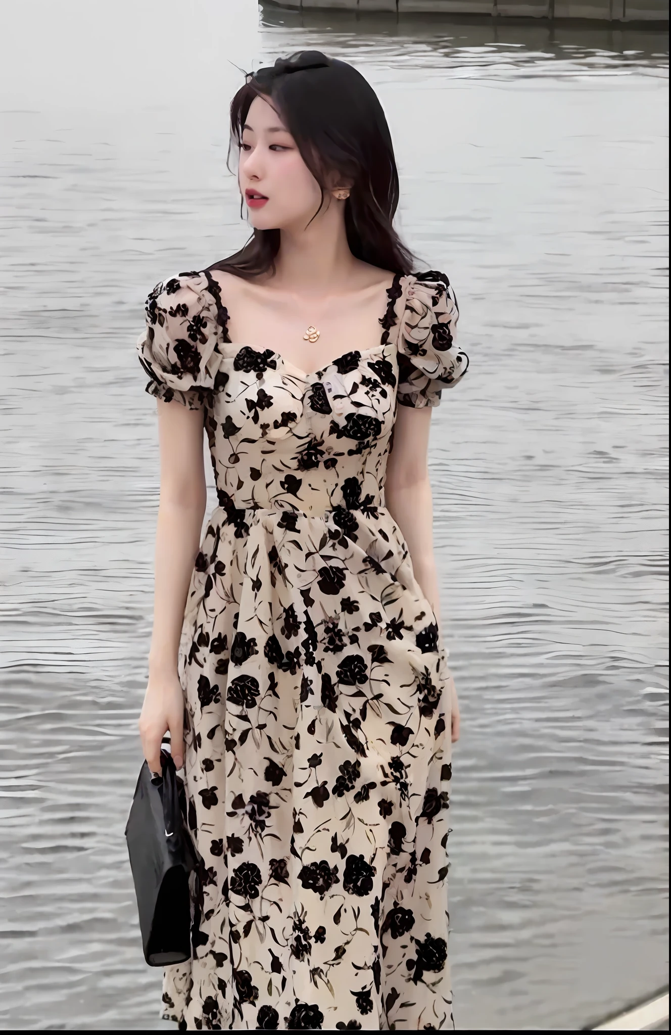 A woman in a floral dress stands on a pier near the water's edge, Romantic dress, trendy dress, Elegant dress, baroque dress, Dressed in elegant dresses, frock, Cute dress, wearing a long flowery dress, floating dress, simple dress, golden and black dress, Summer dress, light half opened dress, Woman in dress, opened dress, Beautiful dress, Sexy dress
