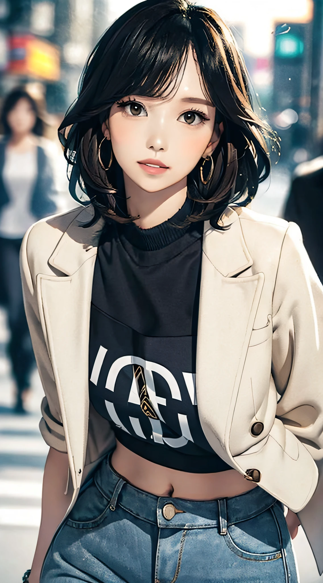 (masterpiece, best quality), beautiful woman, cute printed cropped shirt, jacket, jeans, short wavy hair, headband, asymmetrical bangs, perfect face, beautiful face, alluring, big gorgeous eyes, soft smile, perfect slim fit body, city streets, seoul, bright colors