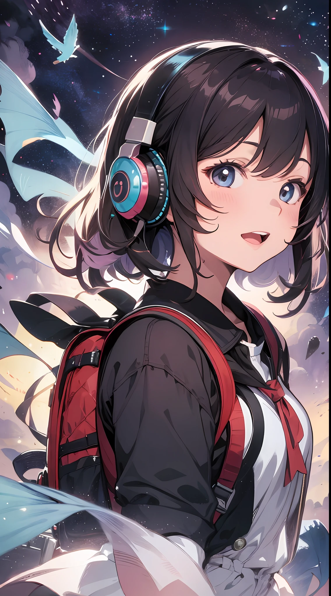 She created an amazing image of a girl who dreams of flying in the sky with her pet dragon. The images have a colorful and whimsical atmosphere, And the girl and the dragon look very happy and free. The image has、There are also details that indicate the character and hobbies of the girl, Her headphones and more, Her backpack, and her sketchbook. The image impressed the judges and readers with its originality and creativity.