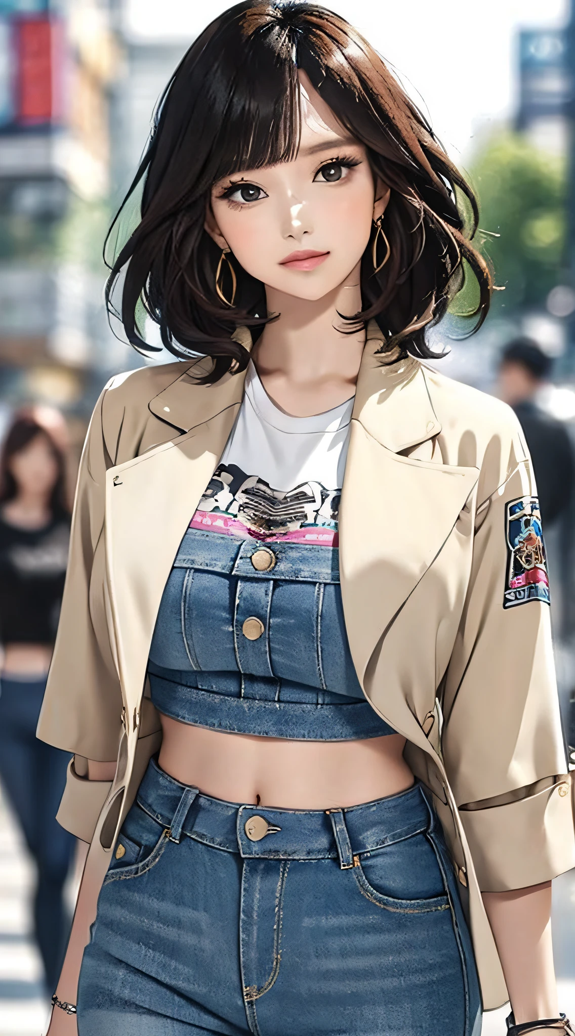 (masterpiece, best quality), beautiful woman, cute printed cropped shirt, jacket, jeans, short wavy hair, headband, asymmetrical bangs, perfect face, beautiful face, alluring, big gorgeous eyes, soft smile, perfect slim fit body, city streets, seoul, bright colors