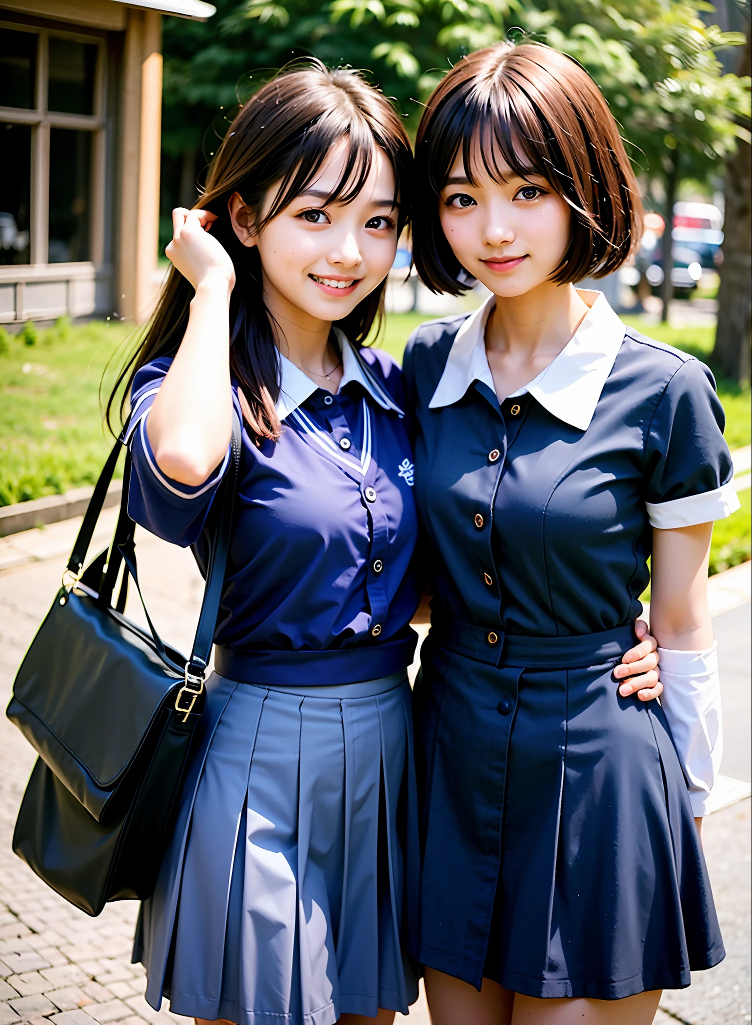 8K、Top image quality、masterpiece、夏天、Japan high school girl meets friends on her way to school。Summer Uniforms、shortsleeves、Involuntarily kissed me on the cheek with pleasure、She winked、