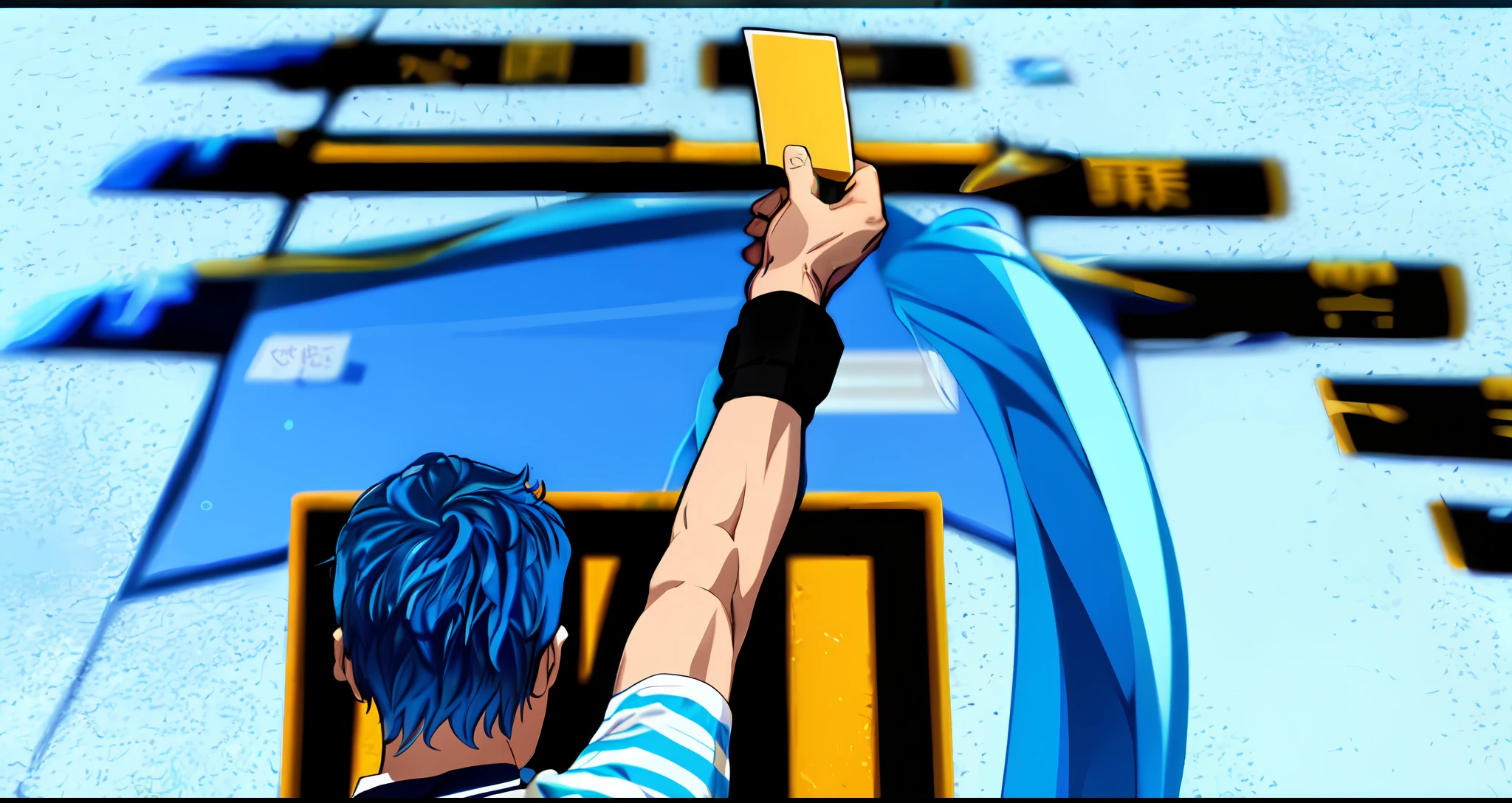 long hair, blue hair color, hand holding a yellow card, referee issuing a warning for a football violation, color manga panel, simple white background.