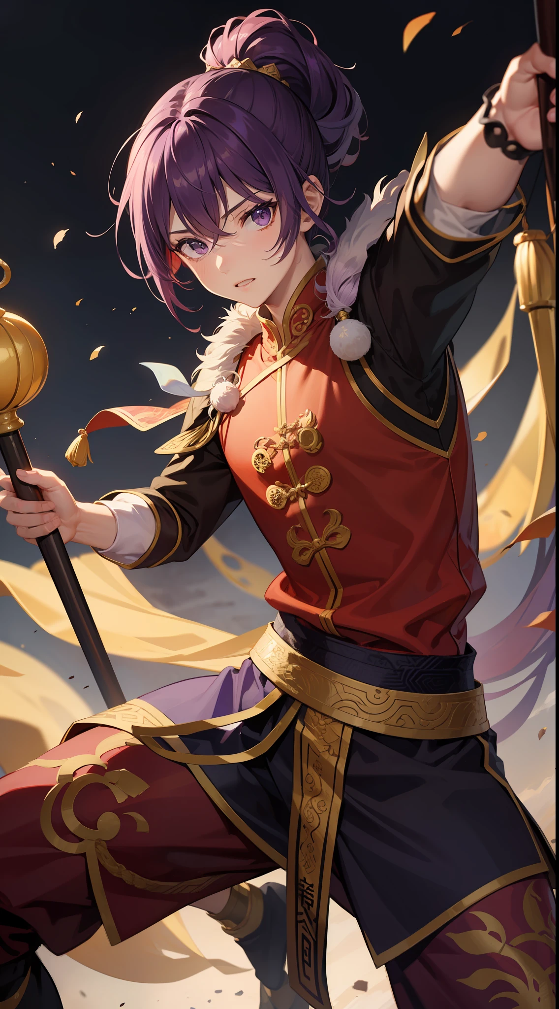 Tall guy, short purple hair, high ponytail, violet eyes, Chinese Martial Monk Uniform, The Monkey King, open torso, staff, combat stance, Masterpiece, hiquality
