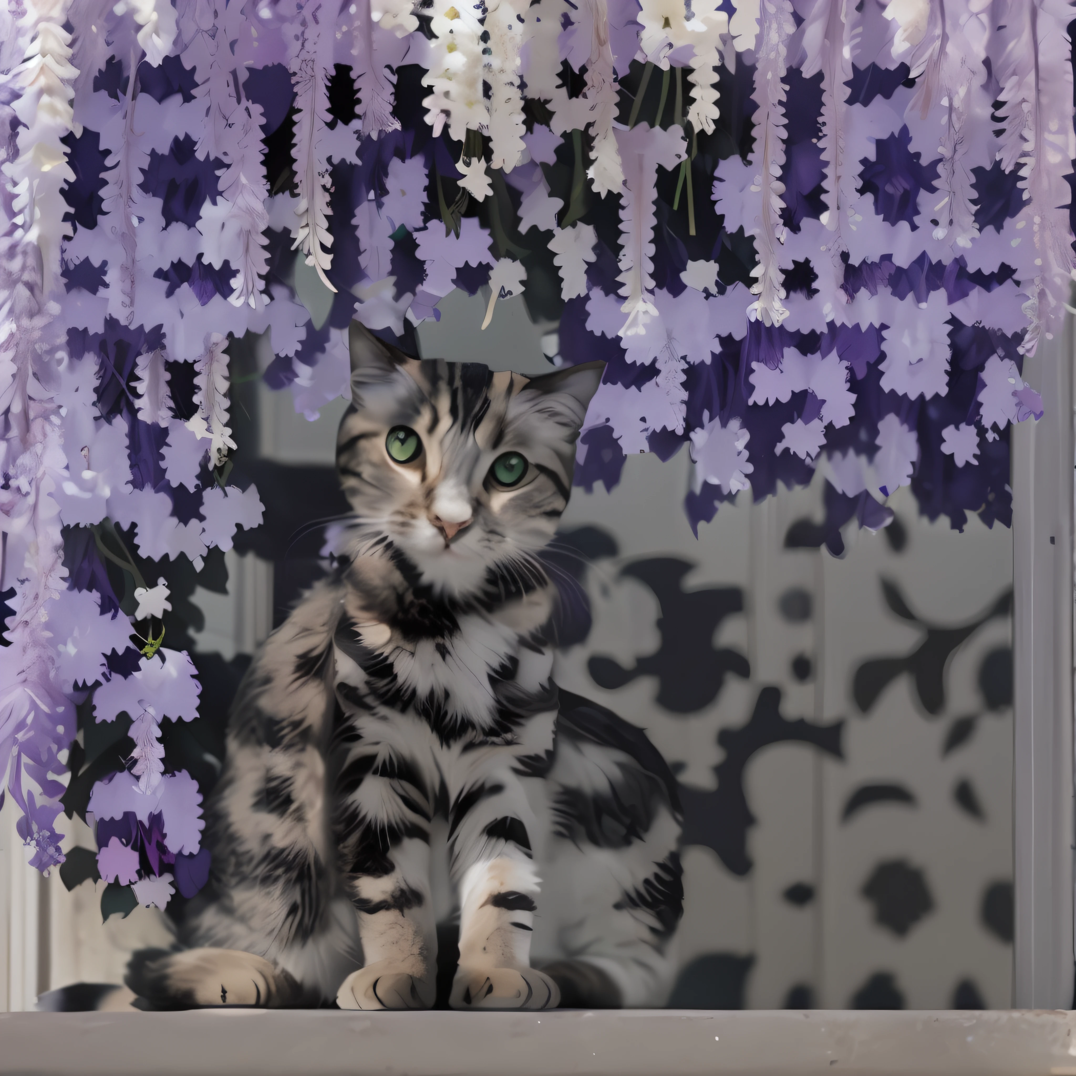 There is a cat sitting on a windowsill under purple flowers, Sora as a cat, beautiful cat, cat photo, cat on a windowsill, beautiful picture of stray, hyper realisitc, cat. Digital painting, cat, cat on the table in front of her, elegant cat, covered in flowers, Purple cat, Hyacinth flowers surround her