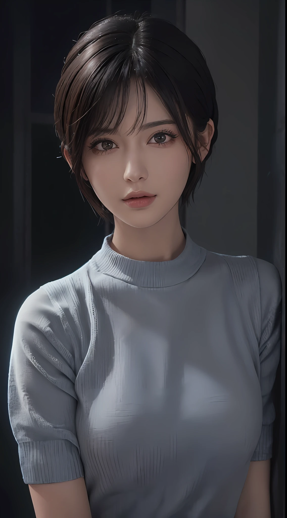 (masterpiece:1.3), (8k, photorealistic, RAW photo, best quality: 1.4), (1girl), beautiful face, (realistic face), (black hair, short hair:1.3), beautiful hairstyle, realistic eyes, beautiful detailed eyes, (realistic skin), beautiful skin, (sweater), absurdres, attractive, ultra high res, ultra realistic, highly detailed, golden ratio