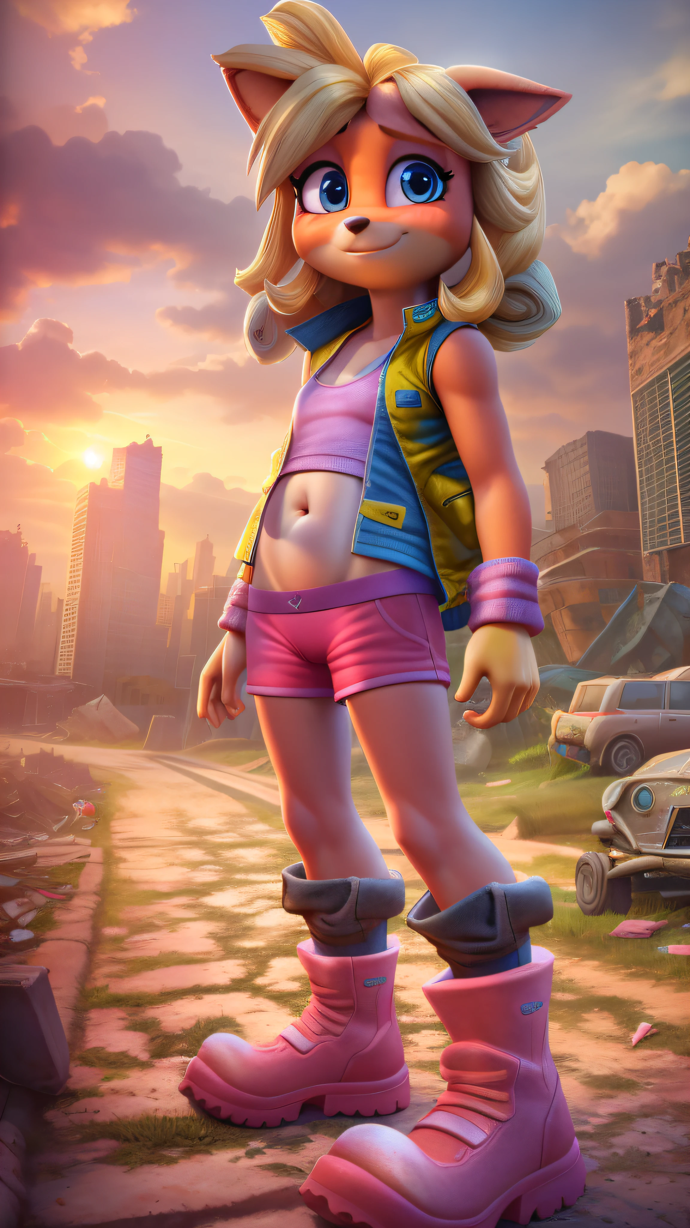 beautiful and detailed picture of coco bandicoot, (best quality, insanely detailed illustration:1.2), masterpiece, (((child, ???, very young:1.4))), prepubescent, adorable, epic realistic, hyperdetailed, intricate details, (hdr:1.25), (intricate details:1.14), (hyperrealistic 3d render:1.16), (filmic:0.55), hyperdetailed background, adorable, petite, ruins, cloud, scenery, sky, cloudy sky, outdoors, building, car, motor vehicle, city, rubble, cityscape, ground vehicle, post-apocalypse, dark, debris, sunlight, light rays, road, 1girl, navel, tail, happy, full body, jacket, body fur, standing, underwear, boots,  shorts, shelf, border, open clothes, pink shorts, open jacket, panties, cameltoe, no breasts, half-closed eyes, stomach, blush, no bra, flat chest, butt, from side