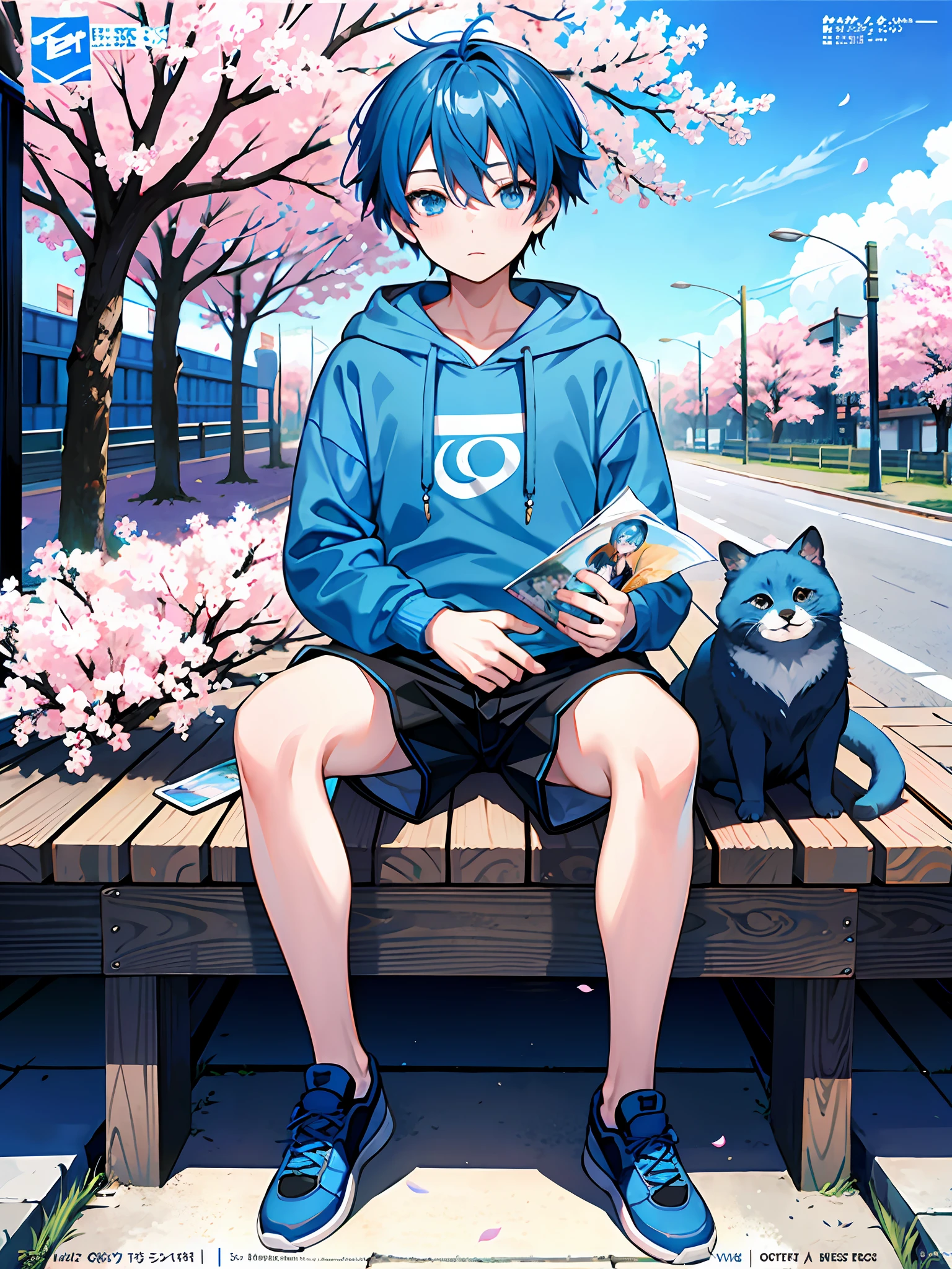 masterpiece, best quality, full body,(1boy), (blue hoodie), blue nike shoes, (Boy Messy Japanese Round Haircut for Thick Hair), (blue hair), black shorts, blush, (solo), street, sky, cherry blossoms, petals,illustration, (magazine:1.3), (cover-style:1.3), fashionable, boy, vibrant, outfit, posing, front, colorful, dynamic, background, elements, confident, expression, holding, statement, accessory, majestic, coiled, around, touch, scene, text, cover, bold, attention-grabbing, title, stylish, font, catchy, headline, larger, striking, modern, trendy, focus, fashion,