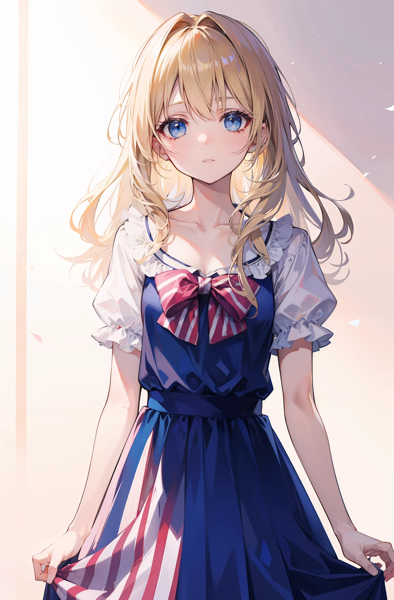 Long blonde hair，neck bowtie，eBlue eyes