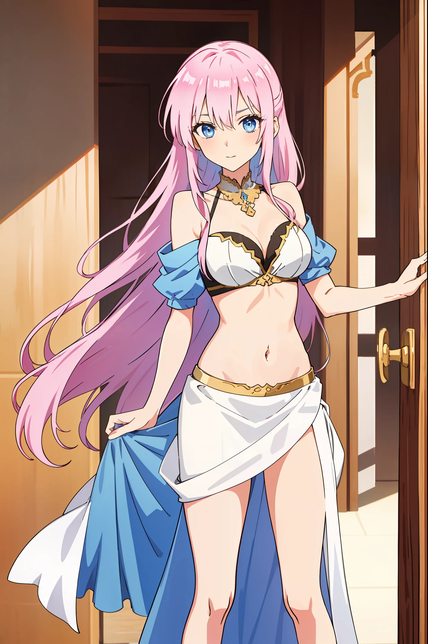 shikimori, medium breast, slim legs, , gown, navel, skirt, standing, beautiful eyes, blue eyes, nervous, arabian belly dancer