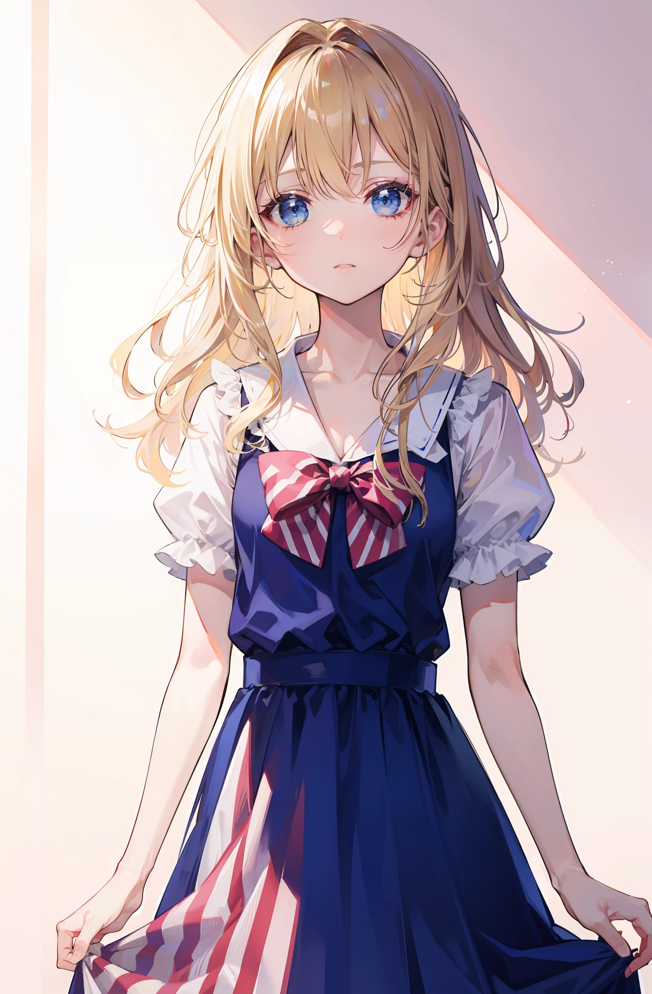 Long blonde hair,neck bowtie,eBlue eyes