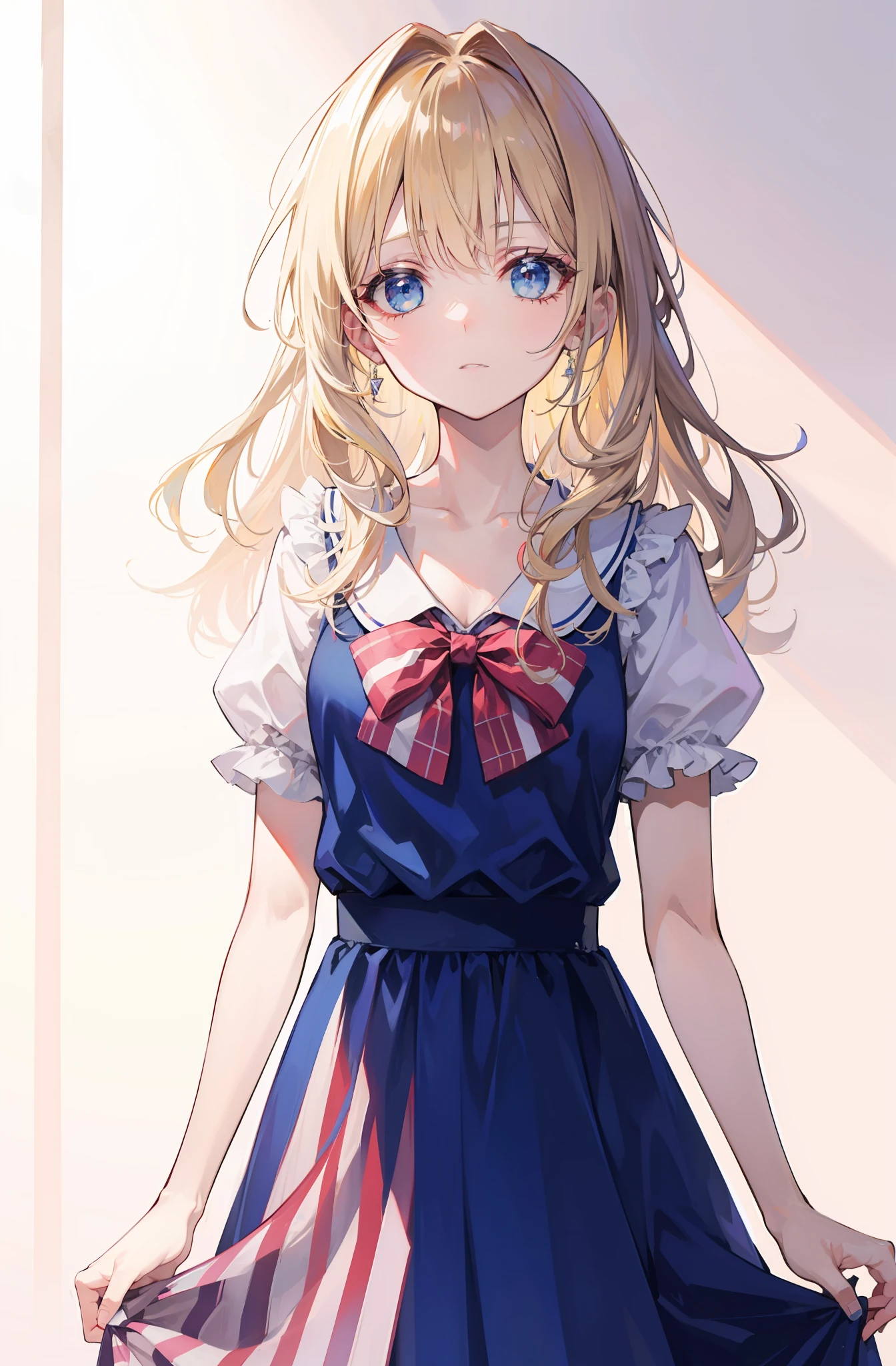 Long blonde hair，neck bowtie，eBlue eyes