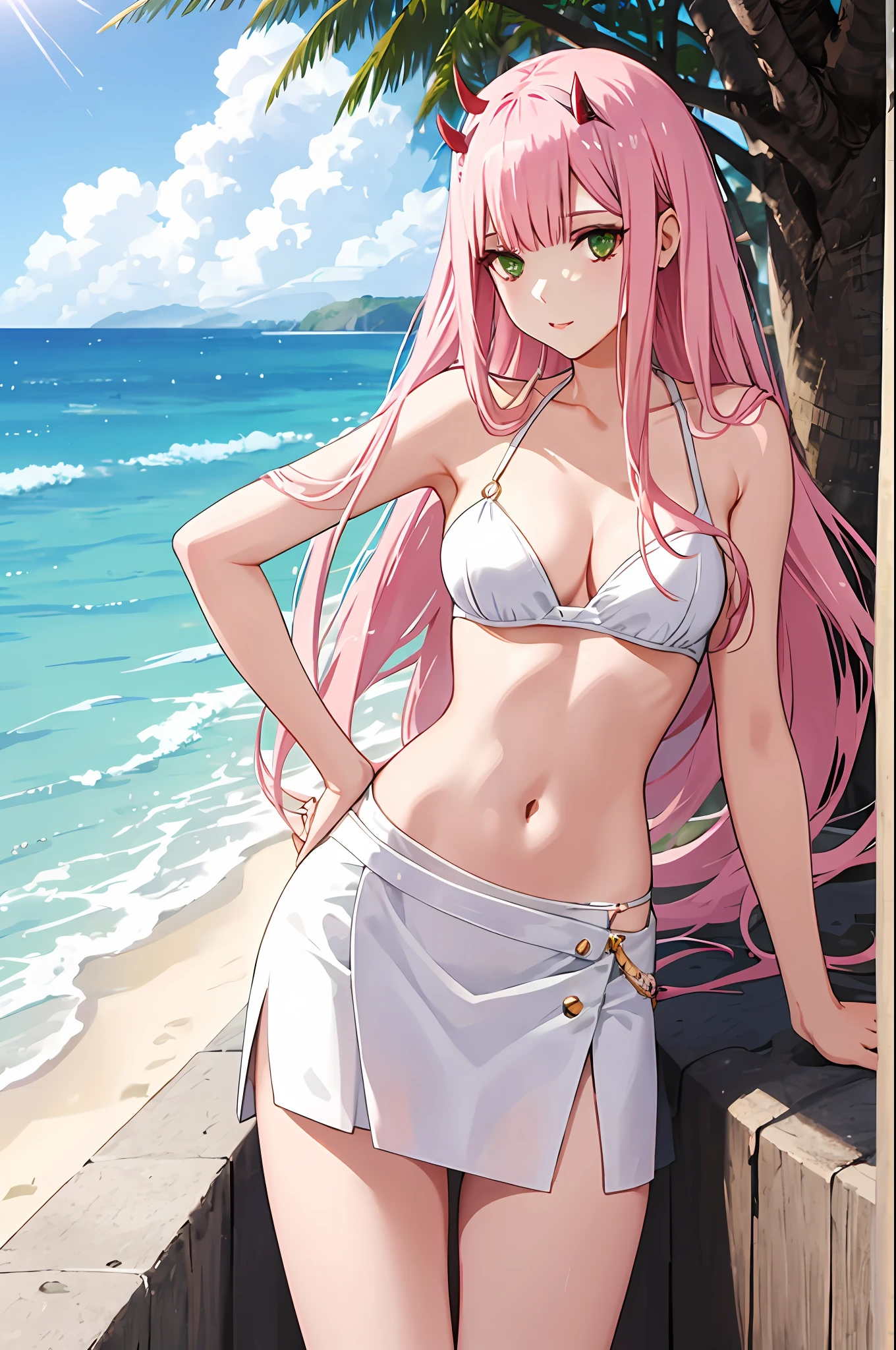 zero two, white gown, medium breast, navel, slim legs, sunny day, Beach, leaning, beautiful eyes, green eyes, nervous