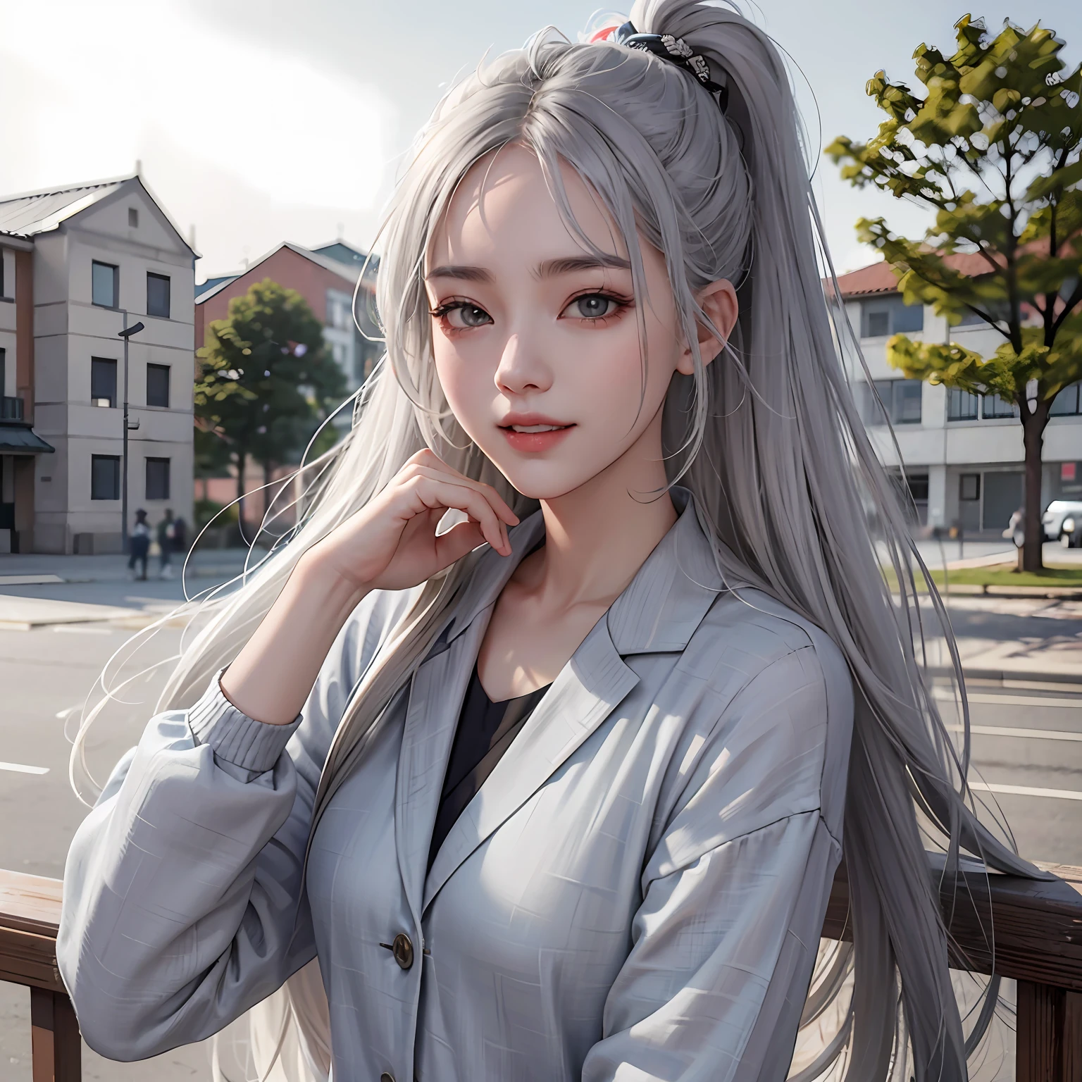 grey hair, messy hair, grin,Danfeng Eyes,school ground,校服,The upper part of the body,high qulity,pure and cute,Kizi,Real Human --auto