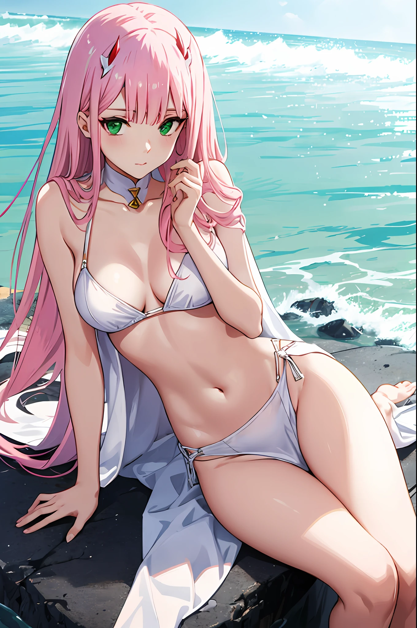 zero two, white gown, medium breast, navel, slim legs, sunny day, Beach, leaning, beautiful eyes, green eyes, nervous