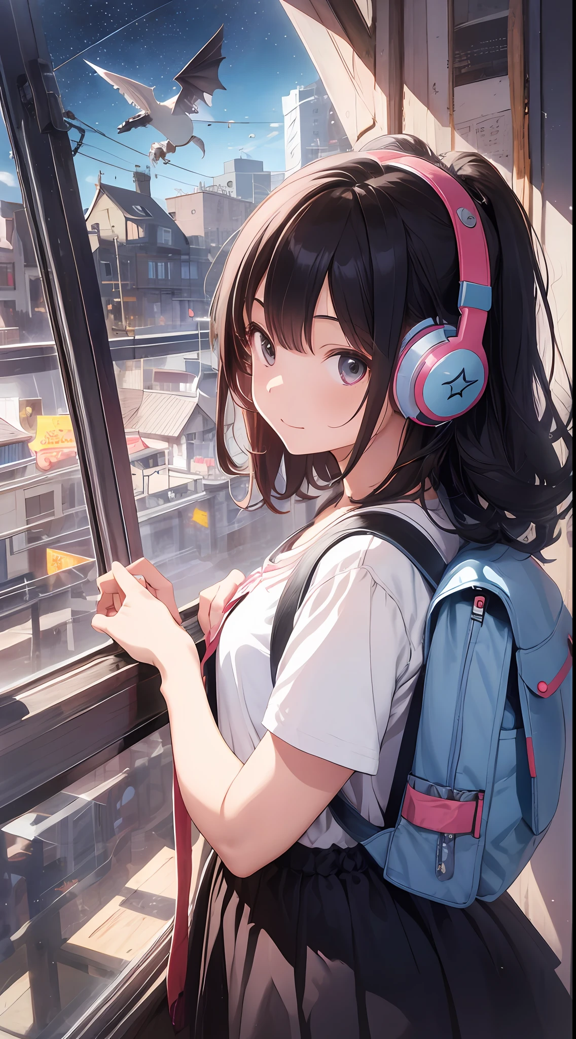 She created an amazing image of a girl who dreams of flying in the sky with her pet dragon. The images have a colorful and whimsical atmosphere, And the girl and the dragon look very happy and free. The image has、There are also details that indicate the character and hobbies of the girl, Her headphones and more, Her backpack, and her sketchbook. The image impressed the judges and readers with its originality and creativity.