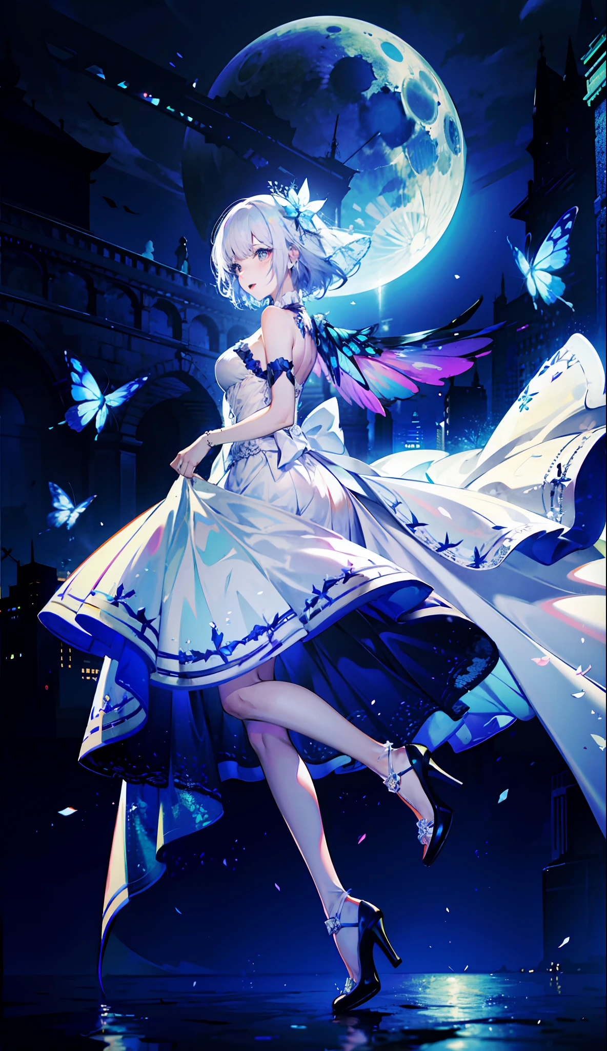 8k wallpaper,detailedbackground,Highest high resolution,silber hair,Bandeau wedding dress,white wedding gown,white Heels,Castle background,A princess,butterflys,rays of moonlight,