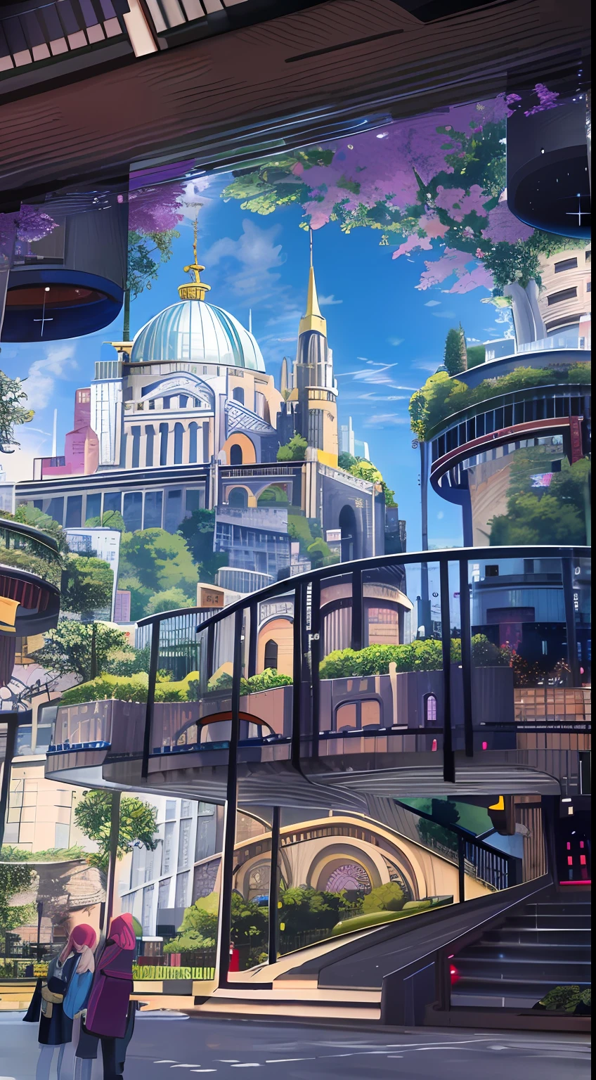 An urban painting with a bell tower and a bell tower, Anime landscape concept art, huge towering magical university, castle scene manga, Anime background art, hd anime cityscape, fantasy capital city, beautiful anime scenes, Anime landscapes, beautiful anime scenery, town background, Beautiful city of the future, medeival fantasy town, anime concept hdr anime macmanus