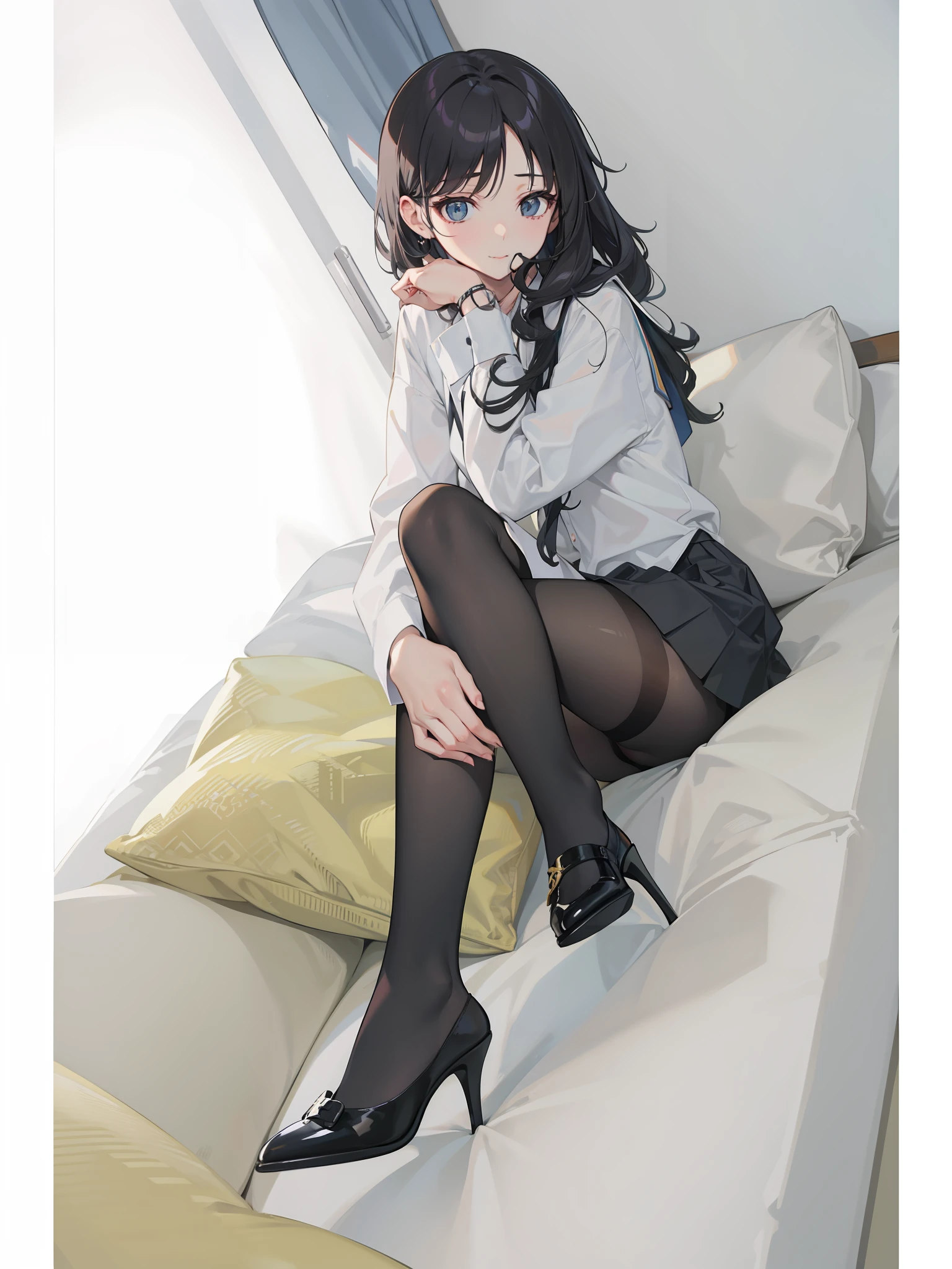 with black curled hair，校服，Sexy black stockings，black heels