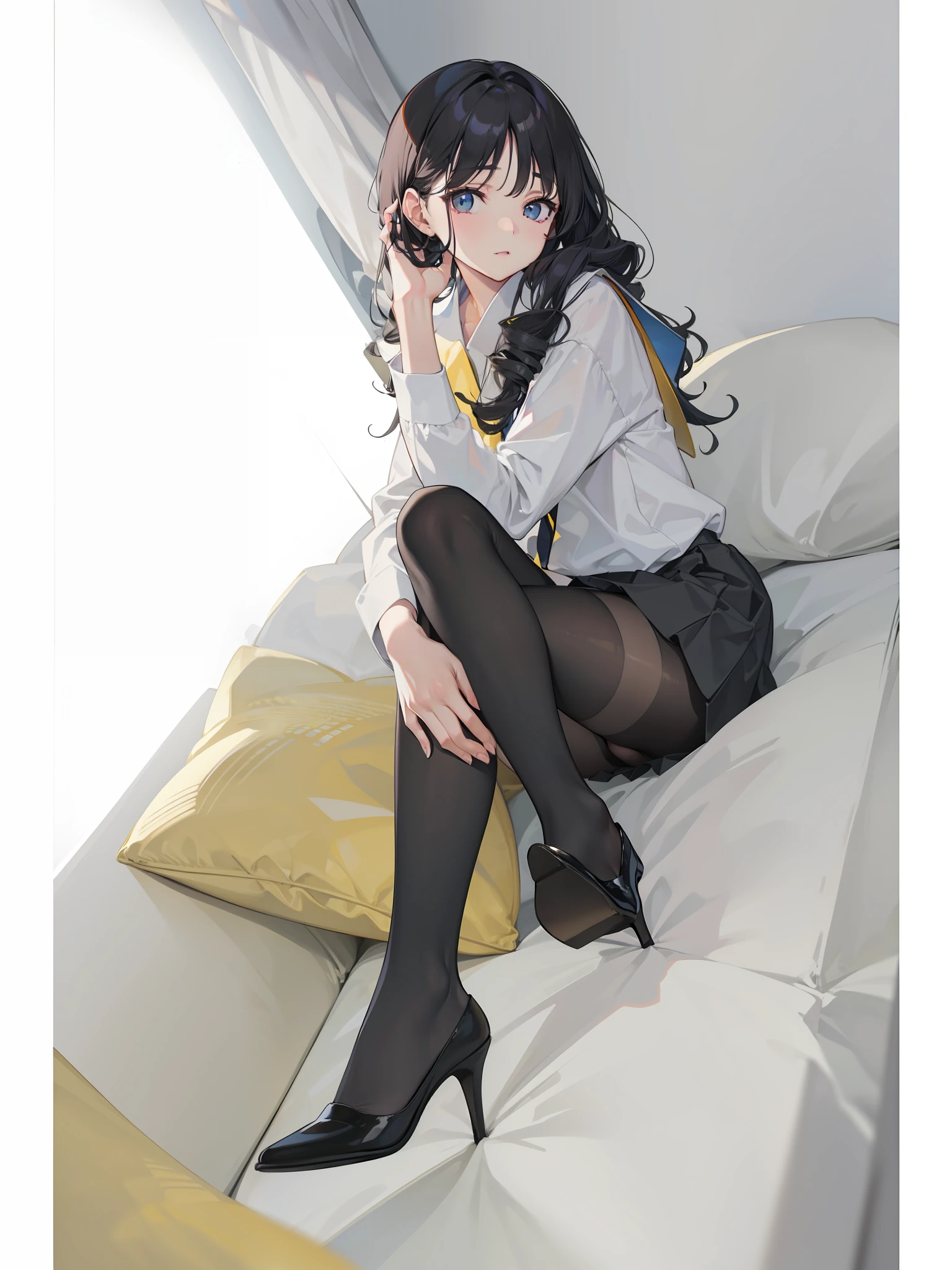 with black curled hair,校服,Sexy black stockings,black heels