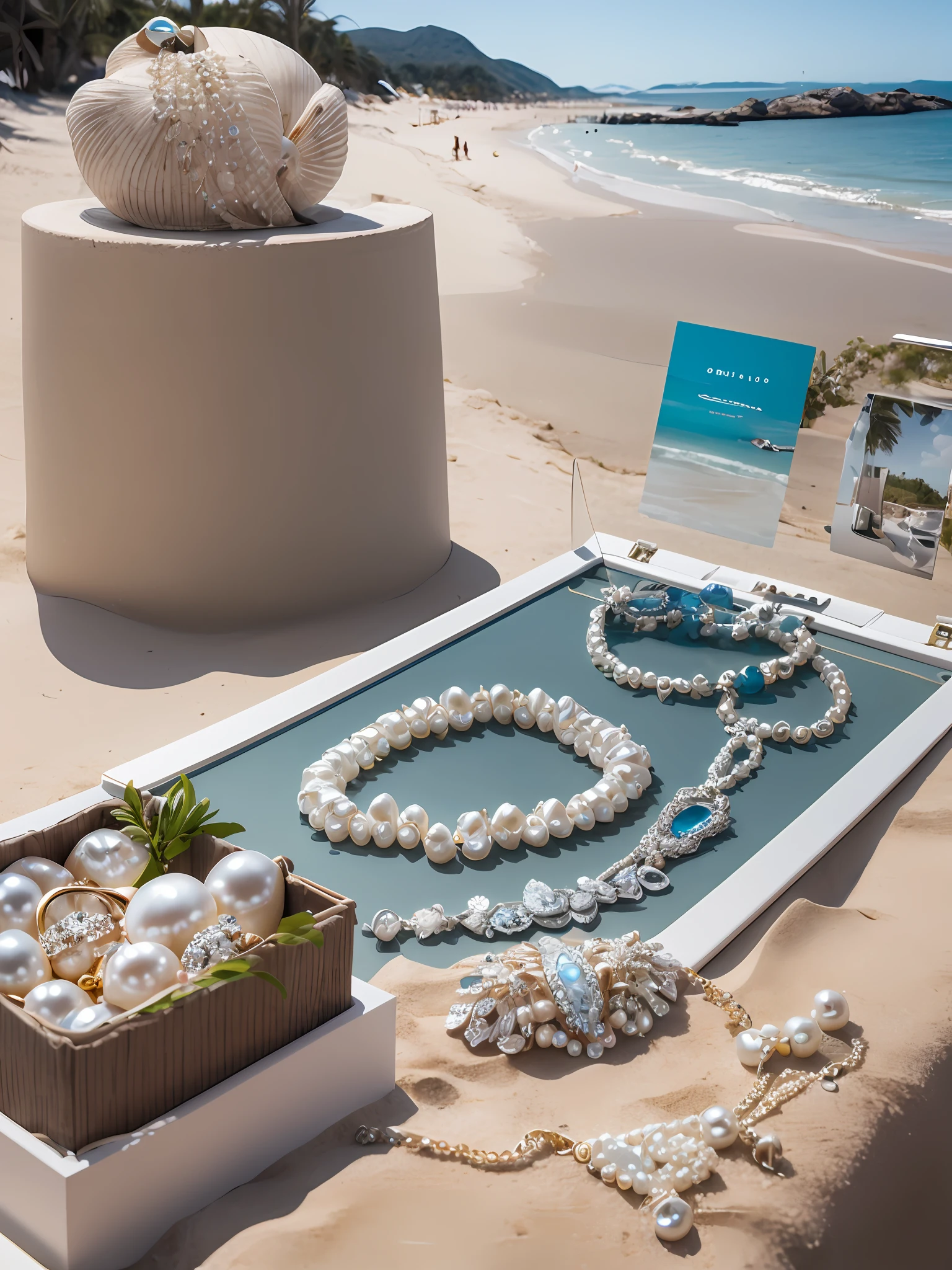 pearls,beachside,Highlight pearls,Pearl jewelry,Put it in the shell,There is no model,Beautiful,high end,product showcase,pearls necklace,exteriors,sandbeach