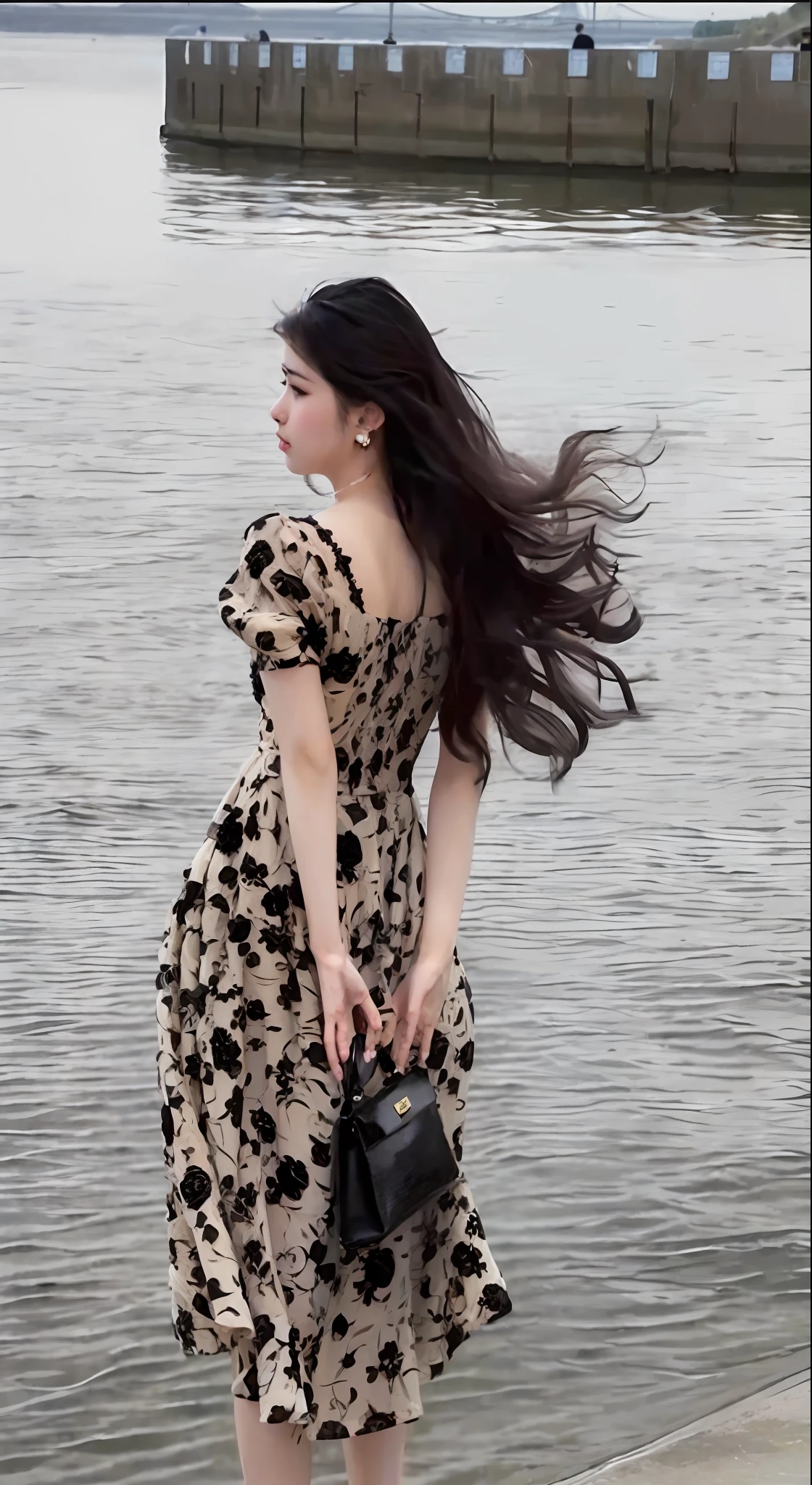 A woman in a floral dress stands on a pier near the water's edge, Romantic dress, trendy dress, Elegant dress, baroque dress, Dressed in elegant dresses, frock, Cute dress, wearing a long flowery dress, floating dress, simple dress, golden and black dress, Summer dress, light half opened dress, Woman in dress, opened dress, Beautiful dress, Sexy dress