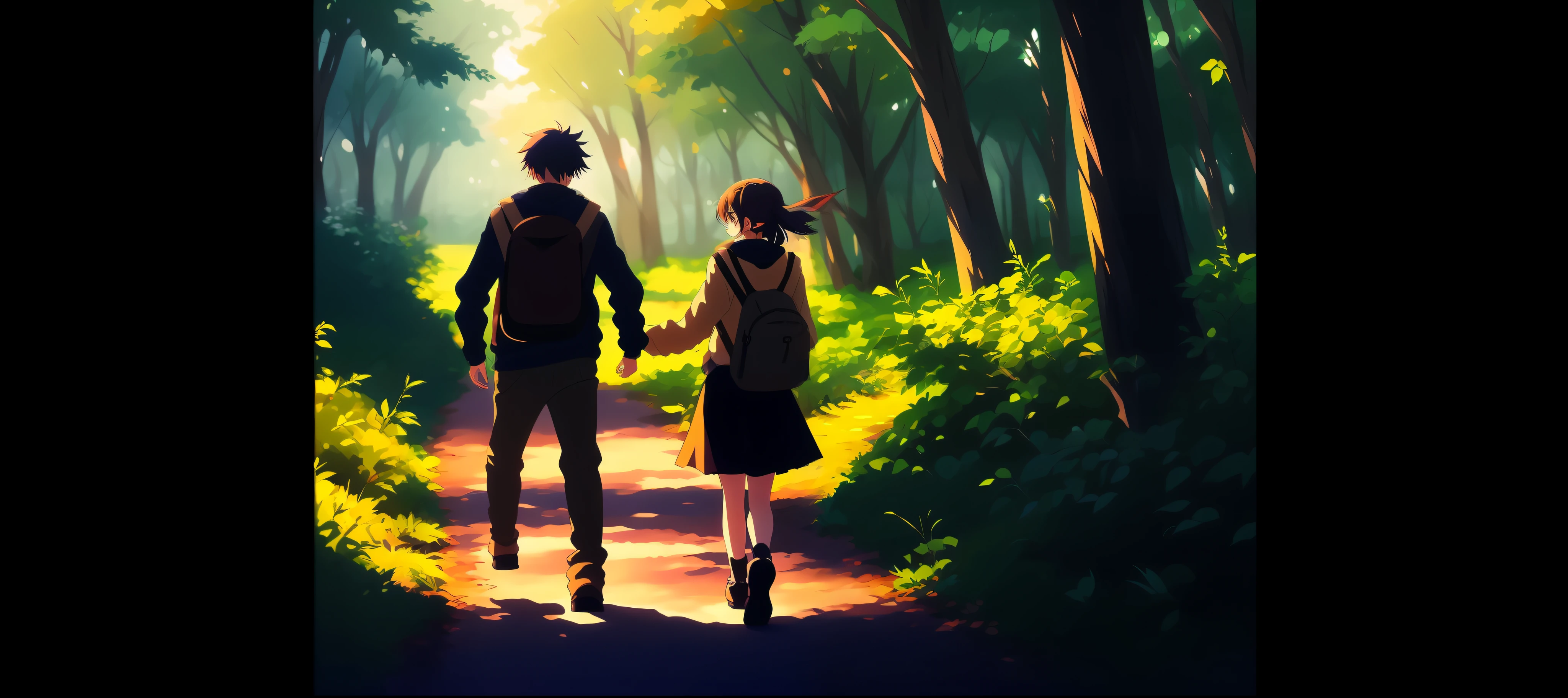 A painting of a couple walking down a path in the woods, anime lush john 8k woods, Anime art wallpaper 8 K, made with anime painter studio, anime nature wallpap, Makoto Shinkai Cyril Rolando, Anime wallpaper 4K, Anime wallpaper 4 k, anime backgrounds, Anime style. 8K, Anime art wallpaper 4 K, Anime art wallpaper 4k