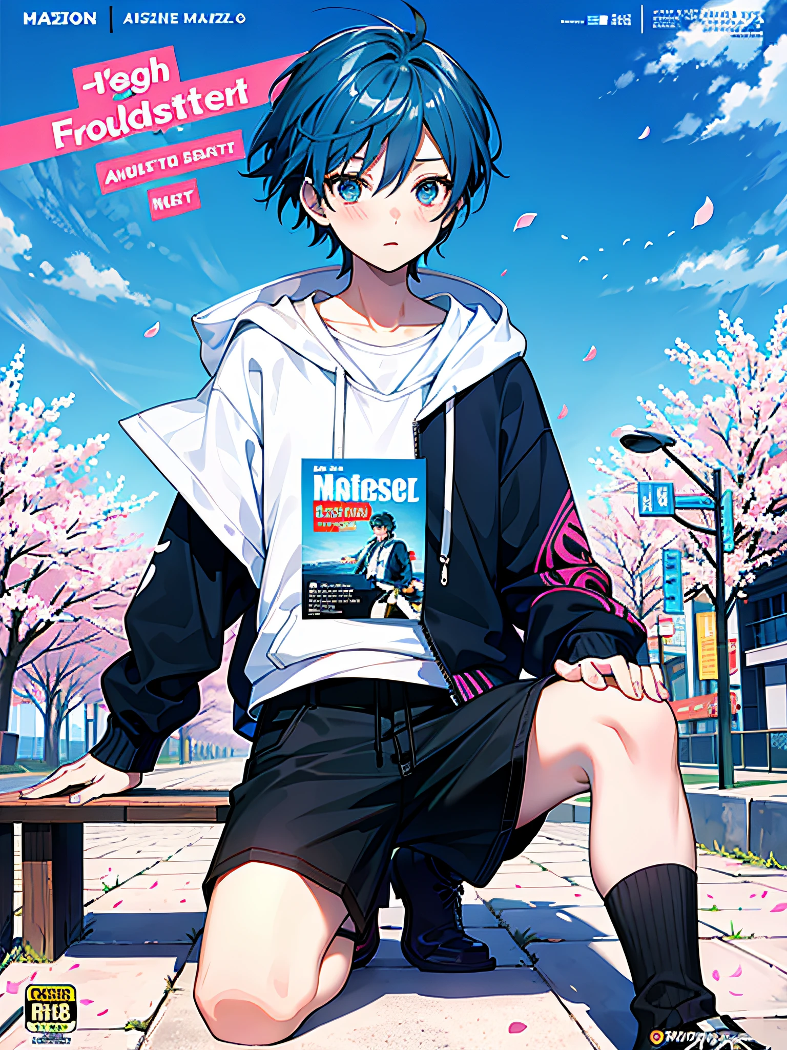 masterpiece, best quality, full body,(1boy), (blue hoodie), (Messy Japanese Round Haircut for Thick Hair), (blue hair), black shorts, blush, (solo), street, sky, cherry blossoms, petals,illustration, (magazine:1.3), (cover-style:1.3), fashionable, boy, vibrant, outfit, posing, front, colorful, dynamic, background, elements, confident, expression, holding, statement, accessory, majestic, coiled, around, touch, scene, text, cover, bold, attention-grabbing, title, stylish, font, catchy, headline, larger, striking, modern, trendy, focus, fashion,