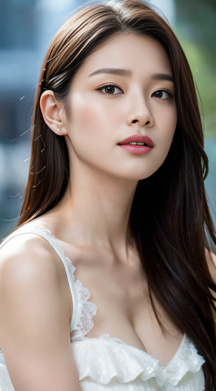 ((Top quality, 8K, Masterpiece: 1.3)), Korean woman, 20s, Focus: 1.2, Perfect body beauty: 1.4, glute: 1.2, ((Layered Hair Style, flat breast: 1.2)), (rain, distance: 1.3), Peninsula Dress: 1.1, Very delicate face and skin texture, Fair eyes, Double eyelids, graying skin, Long hair, (Shut up: 1.3), full body