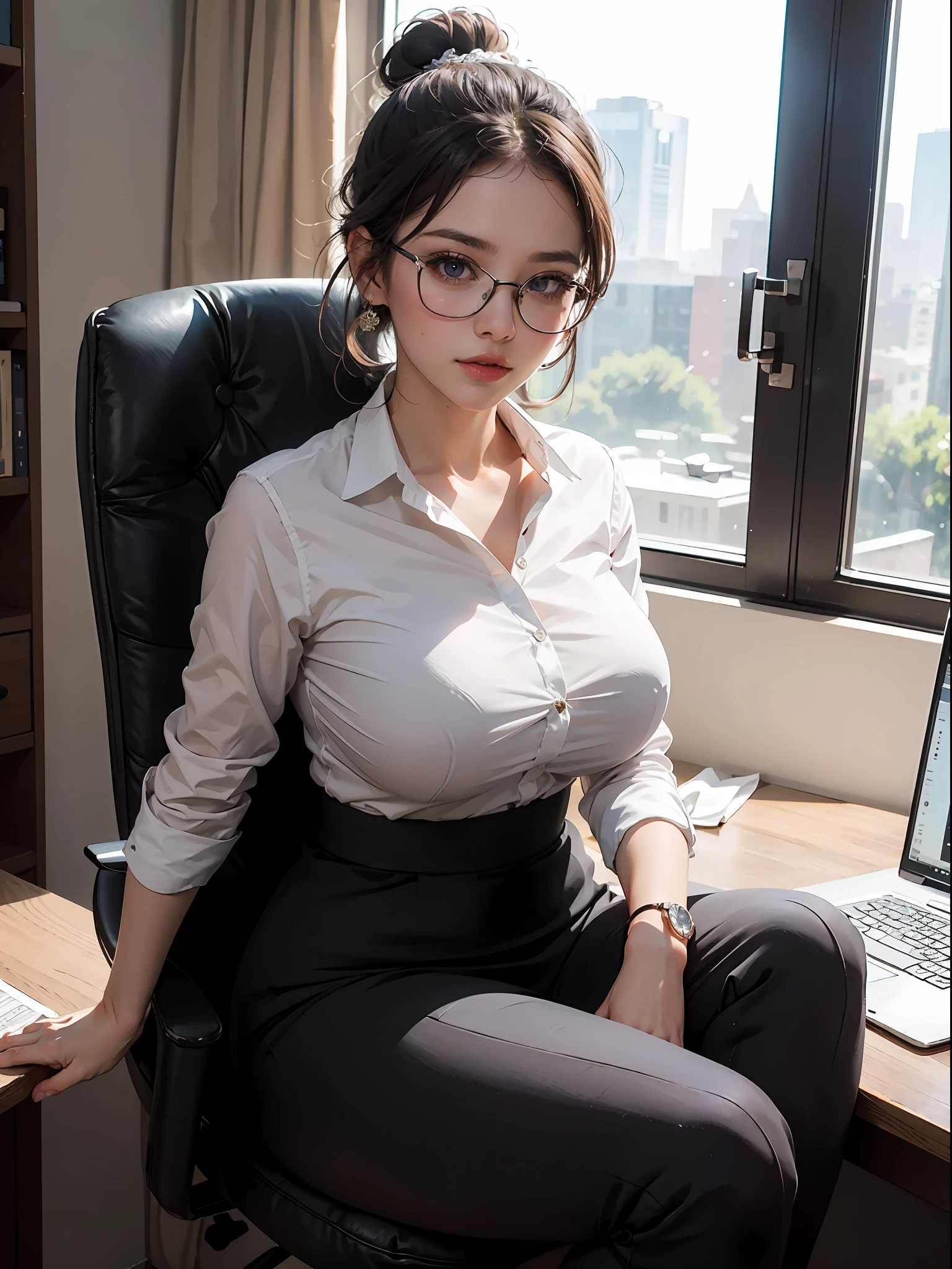 (upper body:1.2 1girl, masterpiece, best quality, ultra-detailed, illustration, finely detailed eyes and detailed face) Clothes: business suit pants, tight white blouse, wedding ring, Appearance: short black hair in a neat low bun, natural makeup, (purple eyes:1.05), white glasses, wide hips, massive breasts, alluring, motherly, at_the_CEO_office, looking at viewer, curvy, voluptuous, full body, CEO lady, (mature female, milf:1.1), solo, (curvy:1.1), big ass, thick thighs, milf, modern office background, sitting down, legs crossed