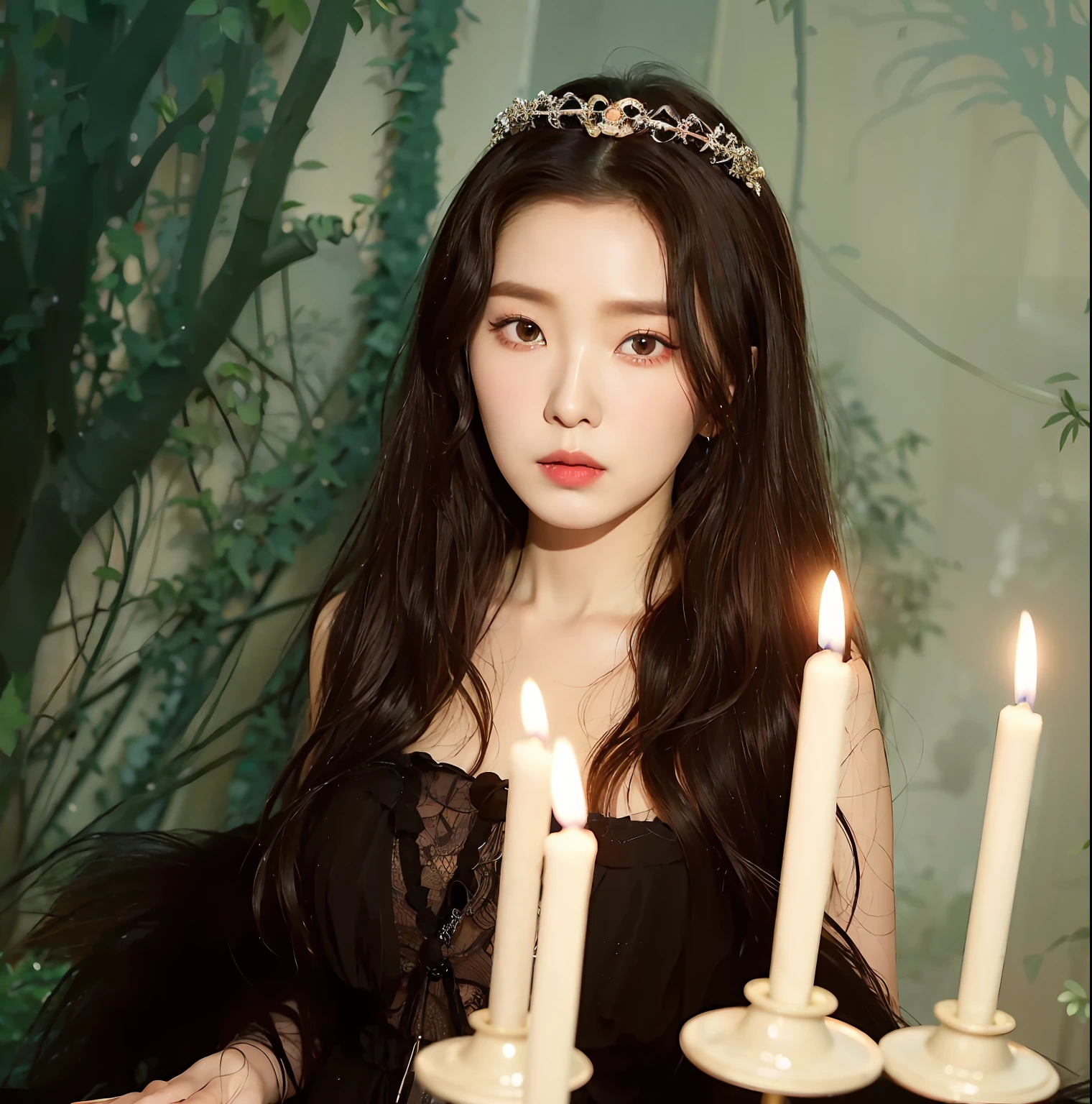 An Araki woman in a black dress holds a tray with candles, classical witch, beautiful vampire female queen, Elegant Gothic princess, lovely dark autumn princess, iu lee ji-eun as a super villain, shaxi, Li Zixin, Portrait of a young witch, carmilla vampire, beautiful vampire queen, with long hair and piercing eyes, cruel korean goth girl