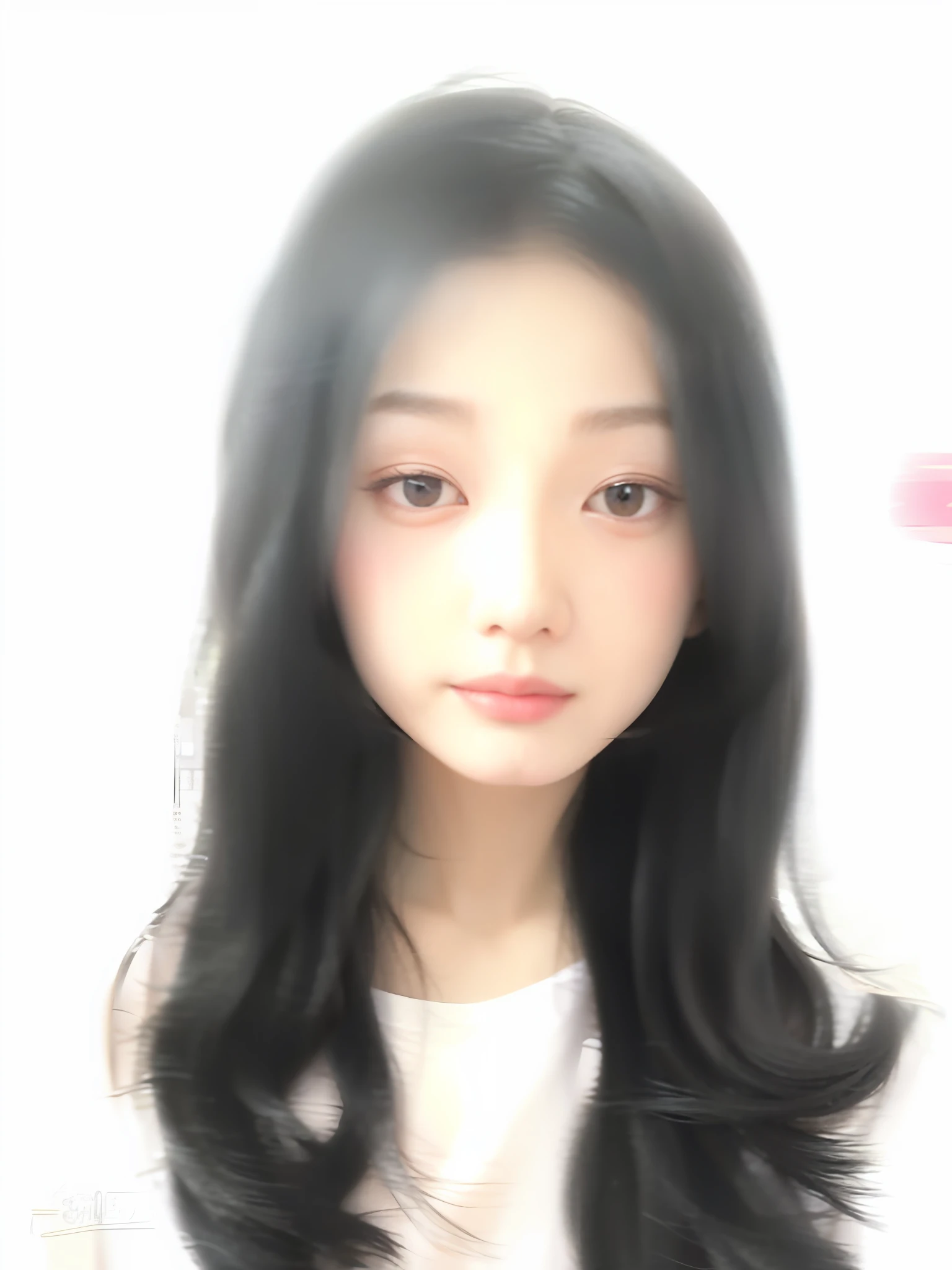 There is a young girl with long black hair and a white shirt, ulzzangs, symmetriced face, Young and lovely face,High-gloss round face, with cute - fine - face, 8k selfie photograph, jaeyeon nam, she is about 1 6 old, 19-year-old girl, with round face, obscured face