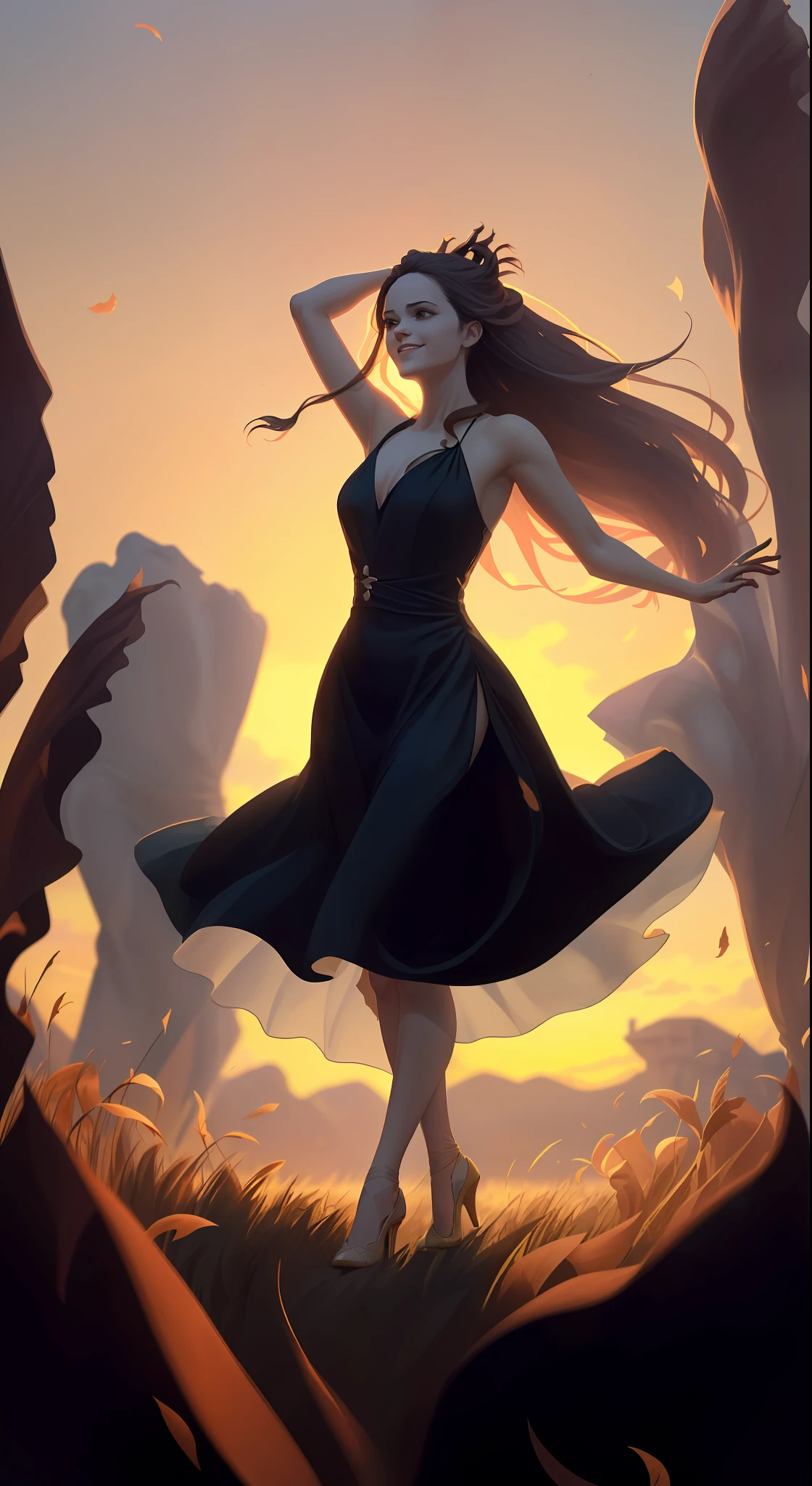 silhouette of a woman in a dress and high heels posing, silhouette!!!, she is dancing. realistic, silhouette :7, Silhoutte, detailed silhouette, black silhouette, silhouette, stylized silhouette, woman silhouette, Spinning, Anime Girl wearing a black dress, Silhouette, digital art of an elegant, girl in a dress, Full pose, character silhouette, (((gree angled image))) of a ((BEAUTIFUL COWGIRL)) girl in ((field)) in ((sunset)), ((very high detail)), ((dancing happily outdoors)) with ((Long black dress)) and ((long hair blowing in the wind)), ((sunset scene))