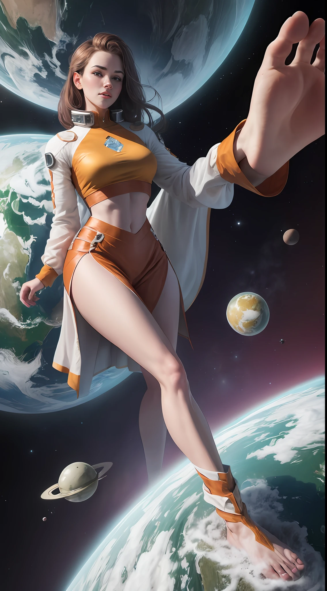 (((Towering over you))), giant brooke monk in provocative crop top, brown hair, smirking, standing on a planet in space with her full body in view, furrowed brow, barefoot