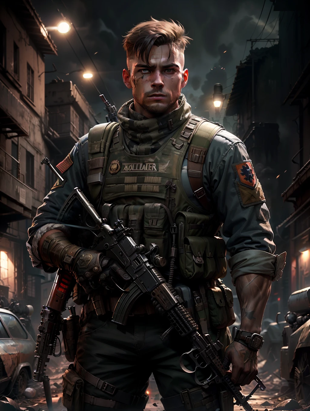 Soldier with dark uniform and assault rifle, ruined background, realistic, stylish, assault vest, hdr, intricate details, hyperdetailed, cinematic, rim light, danger atmosphere