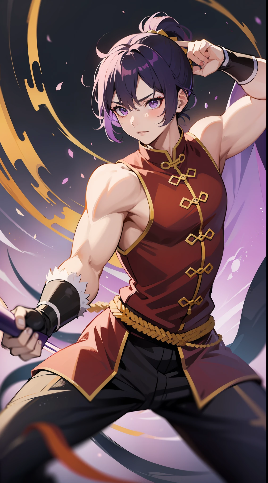 Tall guy, short purple hair, high ponytail, violet eyes, Chinese Martial Monk Uniform, The Monkey King, open torso, staff, combat stance, Masterpiece, hiquality