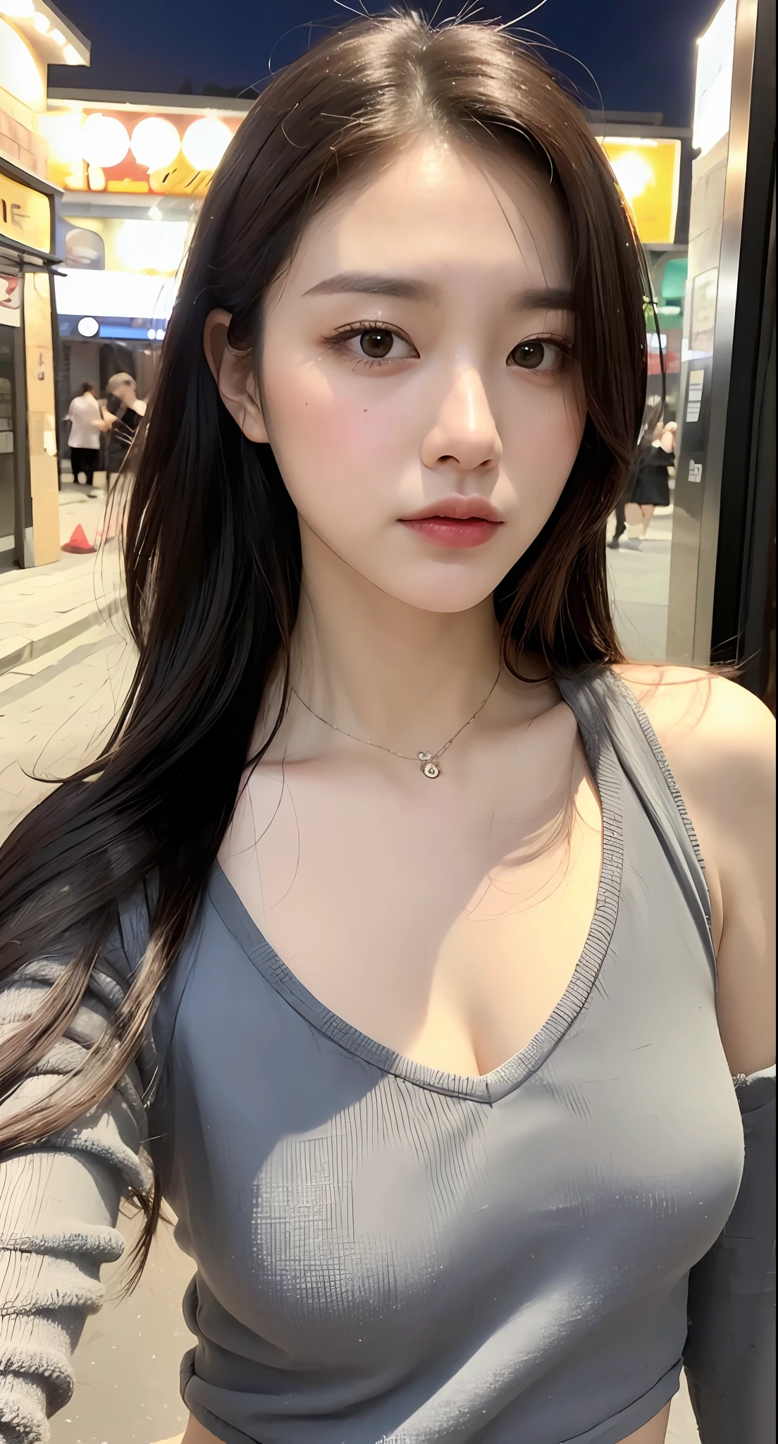 (1 Korean star with royal sister style), ((best quality, 8k, masterpiece: 1.3)), focus: 1.2, perfect body beauty: 1.4 , (funny expression), (night street: 1.3), highly detailed face and skin texture, fine eyes, double eyelids, whitened skin, (air bangs: 1.3), (round face: 1.5), (thin strap top: 1.4),