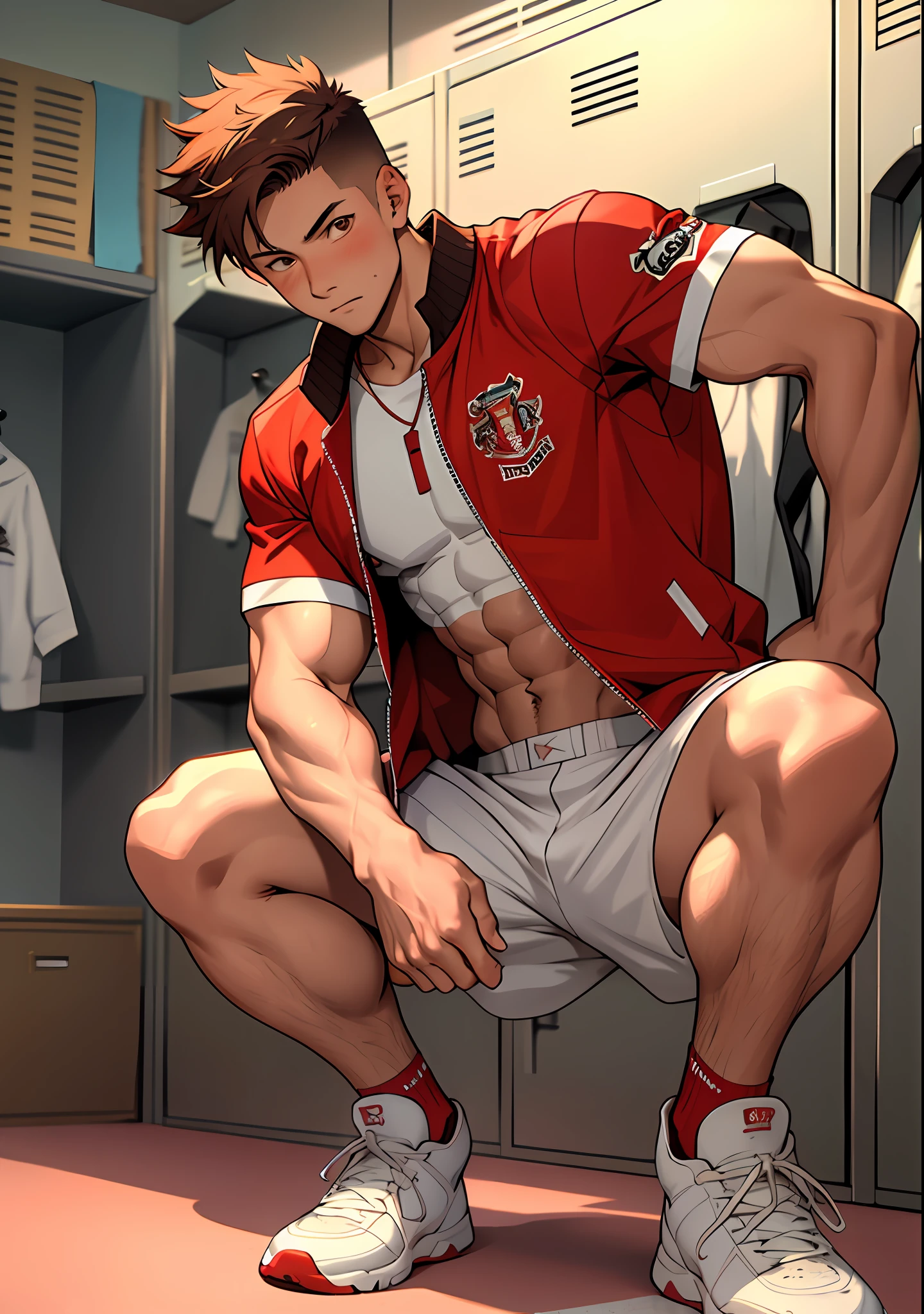 (masterpiece, best quality ), 1man, muscular, short hair, brown eyes, intricate, (locker room) , full body, white baseball uniform, open red jacket, vivid colors,(depth of field:1.2),(abs),blush, looking at viewer, on floor, spread legs,