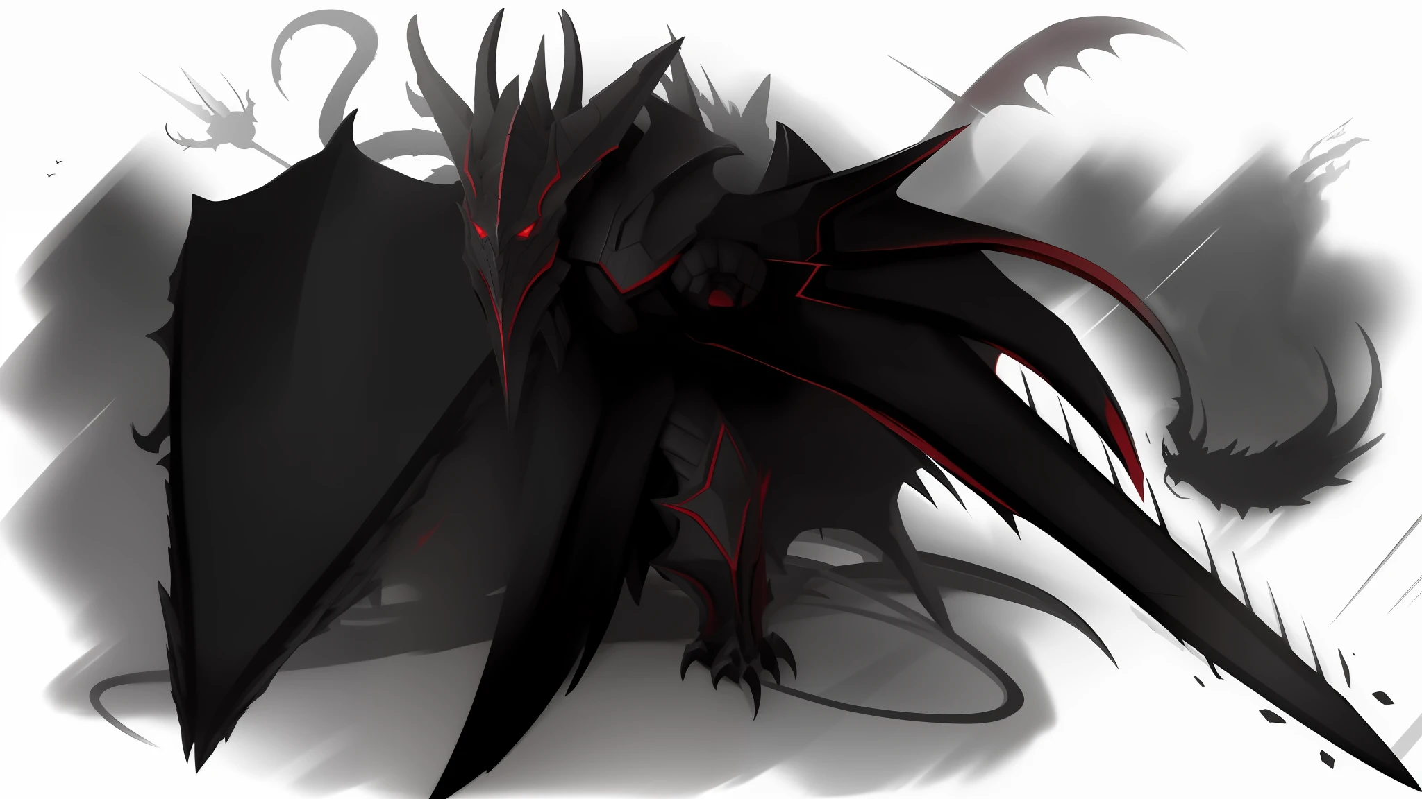 Close-up of a black and red demon with a large bat, Black Dragon, Ancalagon Black, alduin, Armor dress, Inspired by a demonic dragon, The Dark Soul Concept, reaper of night!!!!, but as an anthropomorphic dragon, Dark, Sinister stealth, The concept of a full-length dragon, wyvern, dark concept art, Dragon with scars