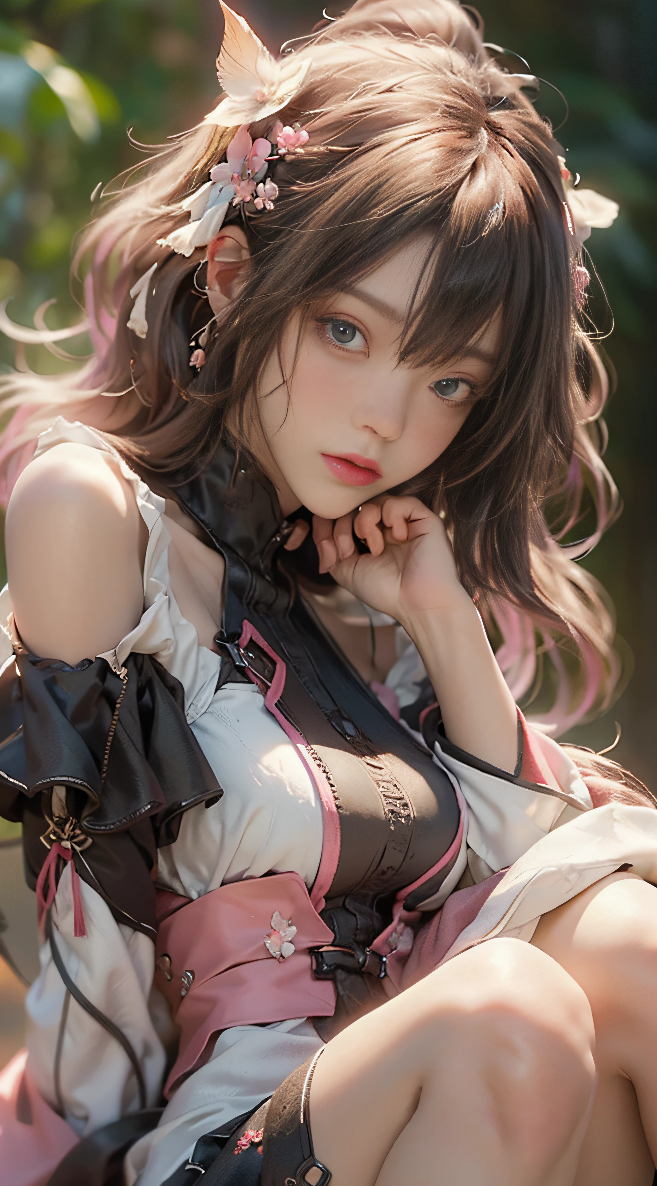 ((best qualtiy)), ((tmasterpiece)), (Detail:1.4), 3D, Beautiful cyberpunk female images,hdr(HighDynamicRange),Ray traching,NVIDIA RTX,Hyper-Resolution,illusory 5,sub surface scattering,PBR textures,post-proces,Anisotropy Filtering,depth of fields,maximum definition and sharpness,Many-Layer Textures,Albedo e mapas Speculares,Surface Coloring,Mitsu-Accurate simulation of material interactions,perfectly proportioned,rendering by octane,Two-colored light,largeaperture,Low ISO,White balance,Rule three points、8K raw data、beautiful bright pupils,off-the-shoulder clothes,Fine pupils,Delicate face and eyes,long eyelasher,Blushlush,Delicate and fluffy hair,pink lip,Pure,cute big breasts,Sweet girl,Artistic sense,Casual wear,Advancedsense,butterflys,Cherry blossom petal,Beautiful hair accessories,Long hair and waist,Hair fluttering in the wind